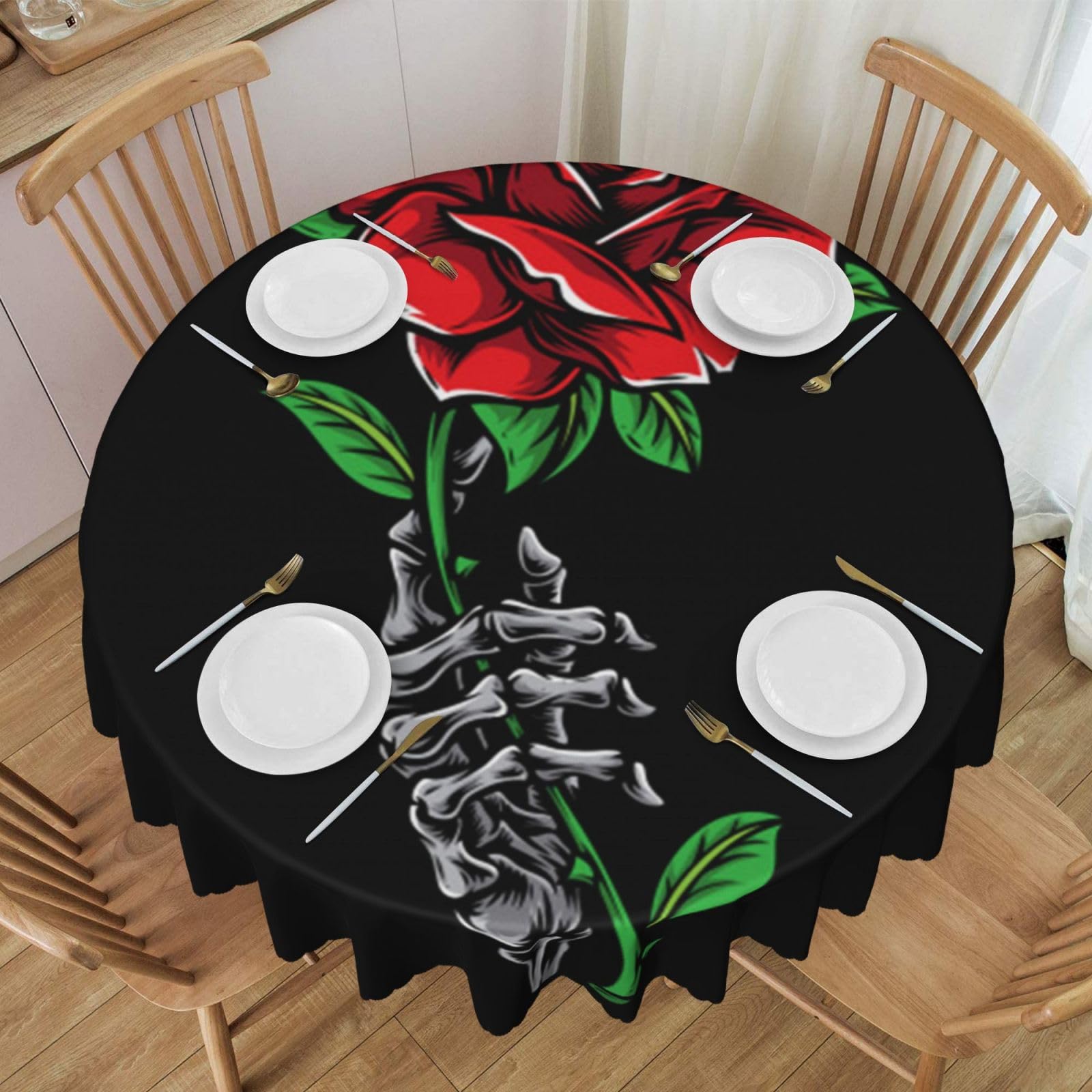 DCEHGEW 60 In Round Tablecloth with Lace, Skull Rose Printed Oilproof & Washable Fabric Picnic Table Cloth Table Covers