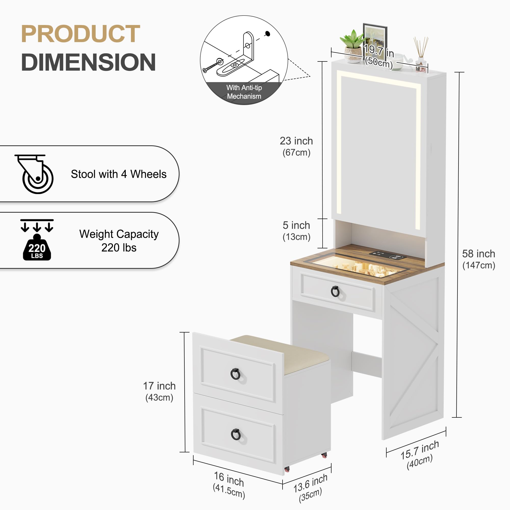 Lvifur 3-in-1 Vanity Desk with Mirror and Lights, Small Compact Makeup Vanity Set with Hidden Storage Stool, Modern Glass Top Dressing Table with Wheels & Charging Station (White)