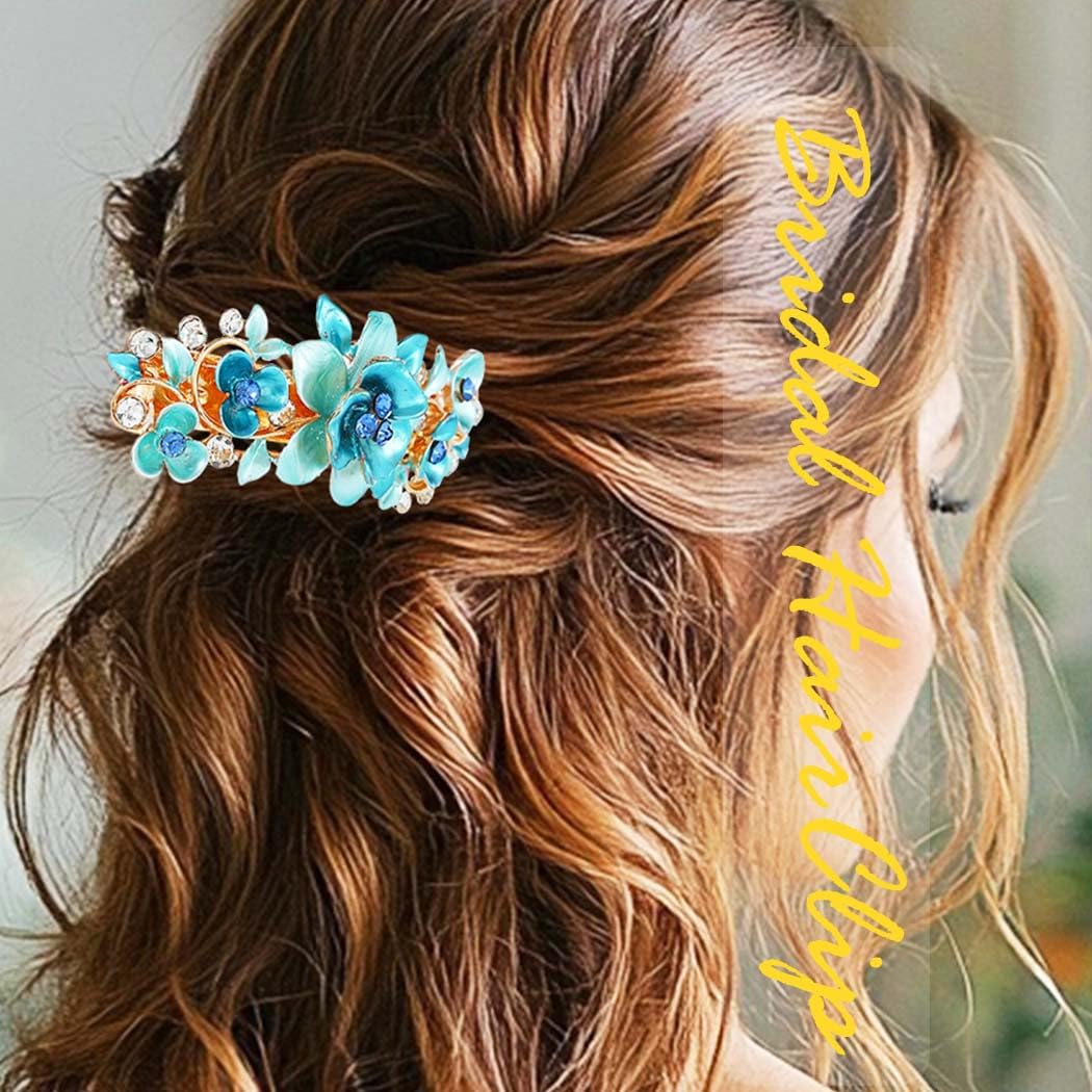Jovono Flower Barrette Hair Clips Gold Crystal Hair Accessories for Women (2PCS) (Pink+Blue) - Image 2