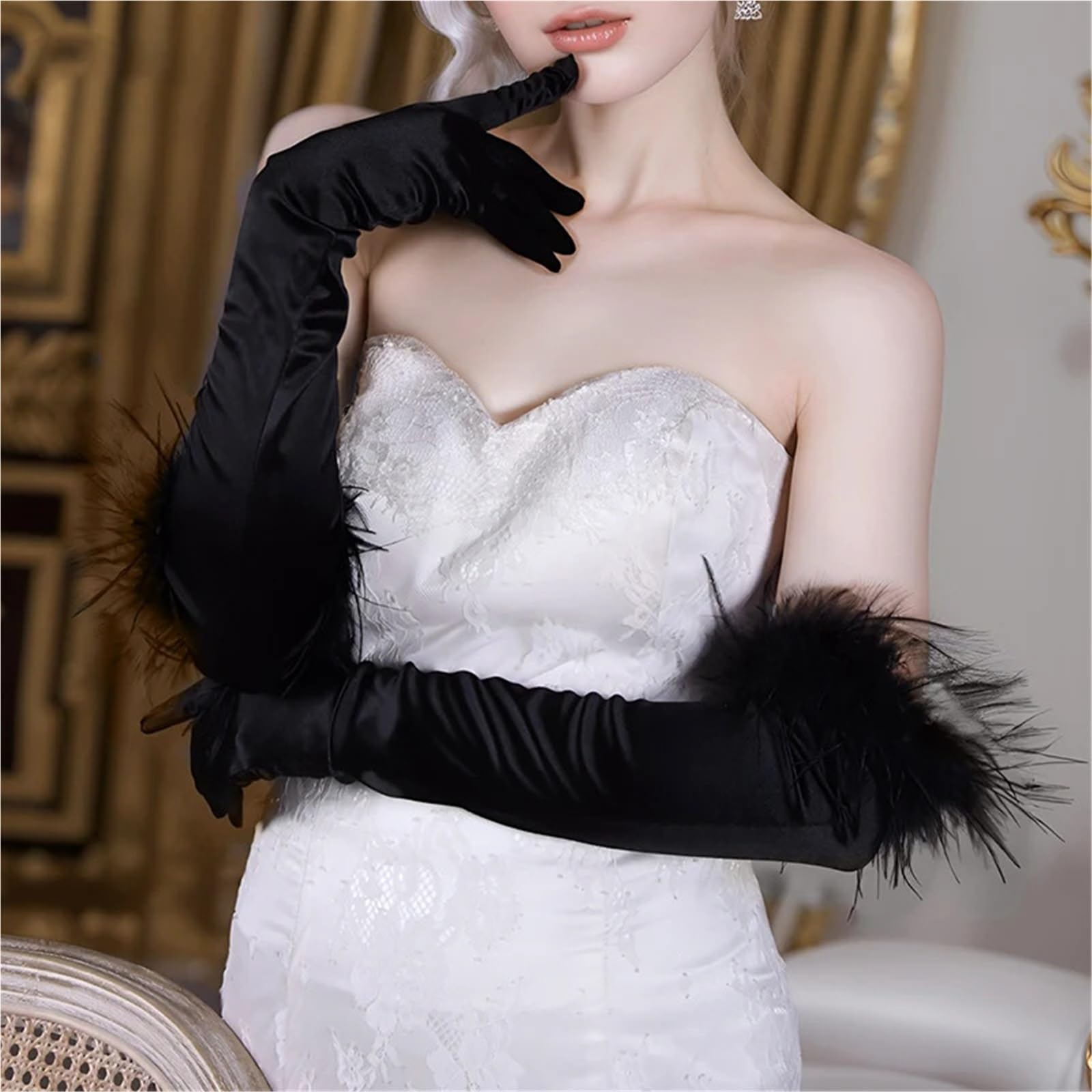 2 Paia Guanti in Raso Piuma Peluche Lunghi Elastici for Feste da Ballo Donne Halloween Diserbo for Trucco Teatrale Opera Per Feste E Balli