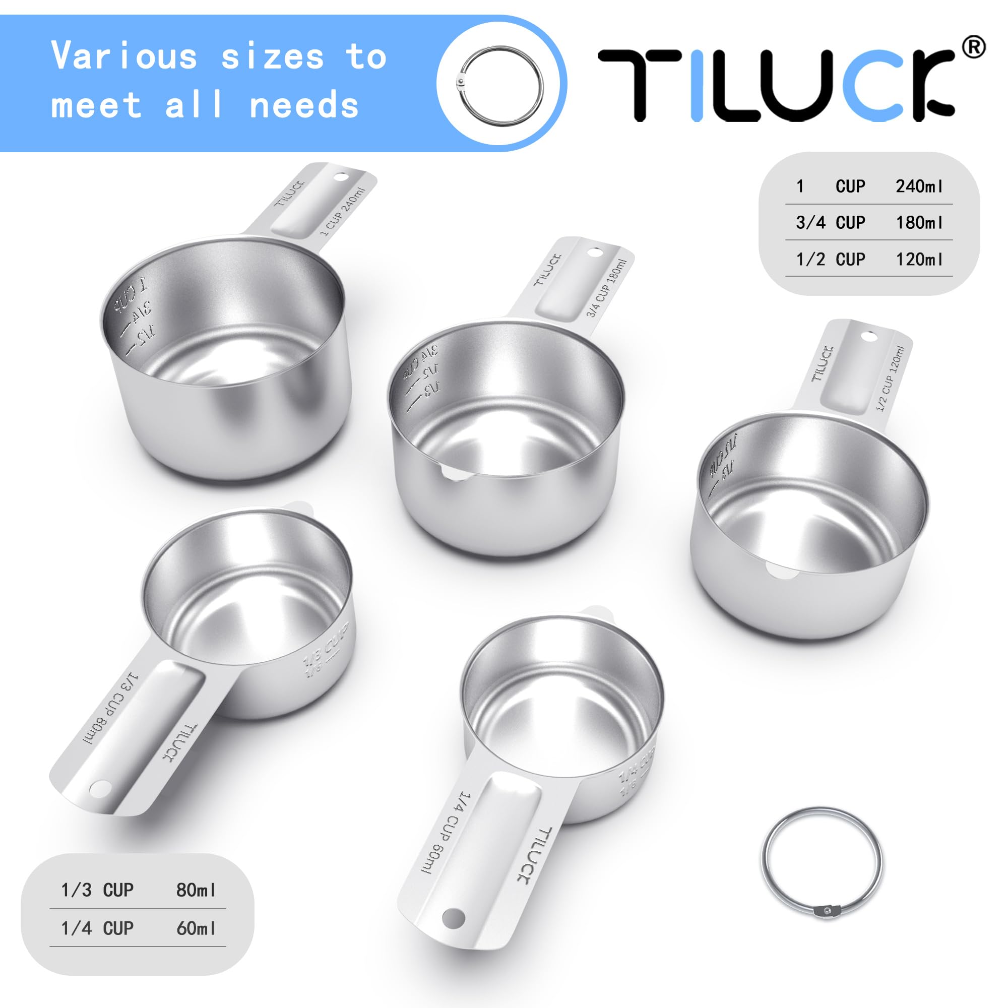 TILUCK Edelstahl-Messbecher-Set, Küchenhelfer zum Kochen und Backen, 7-teiliges Set