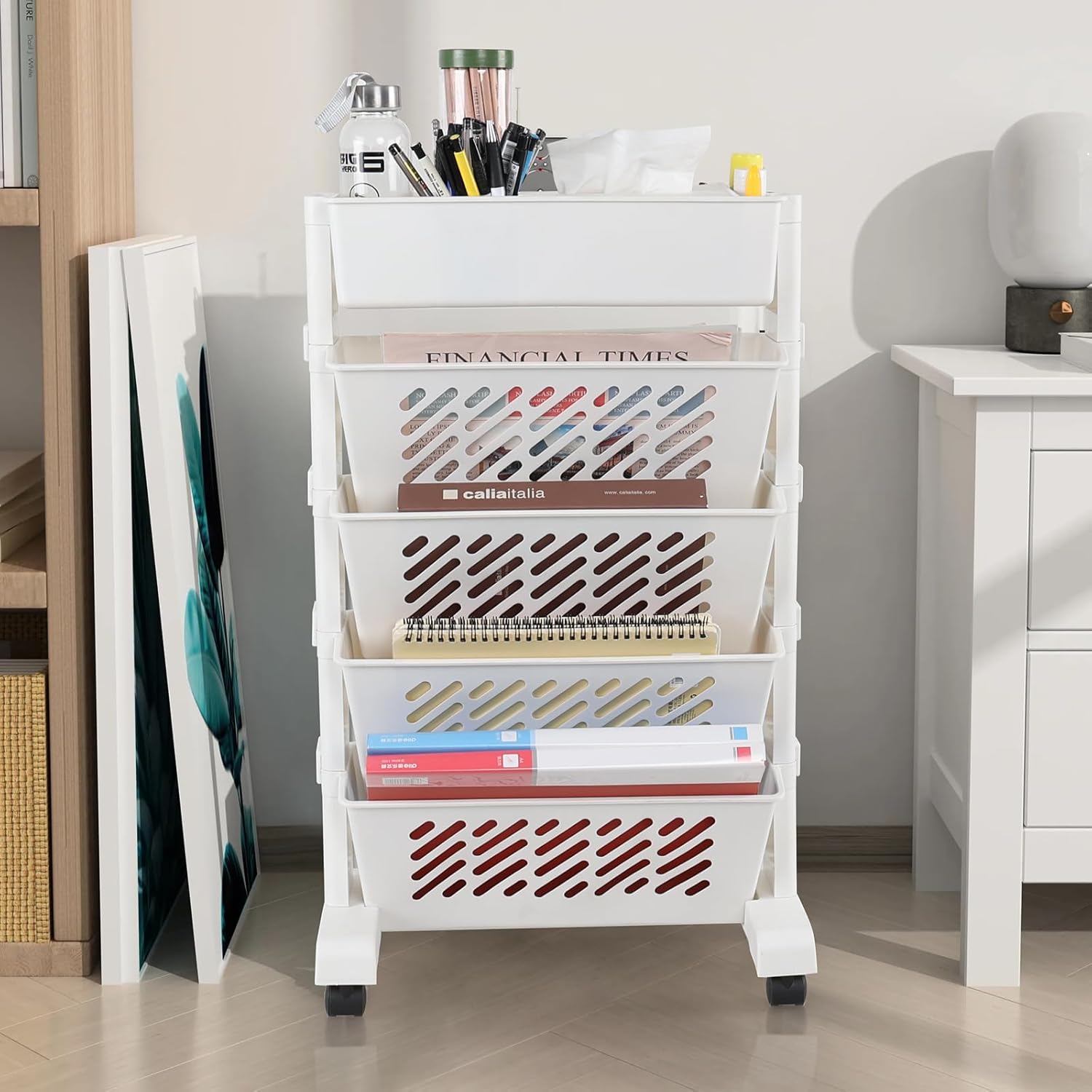 Plastic Book Storage Utility Cart, 5-Tier Rolling Bookshelf