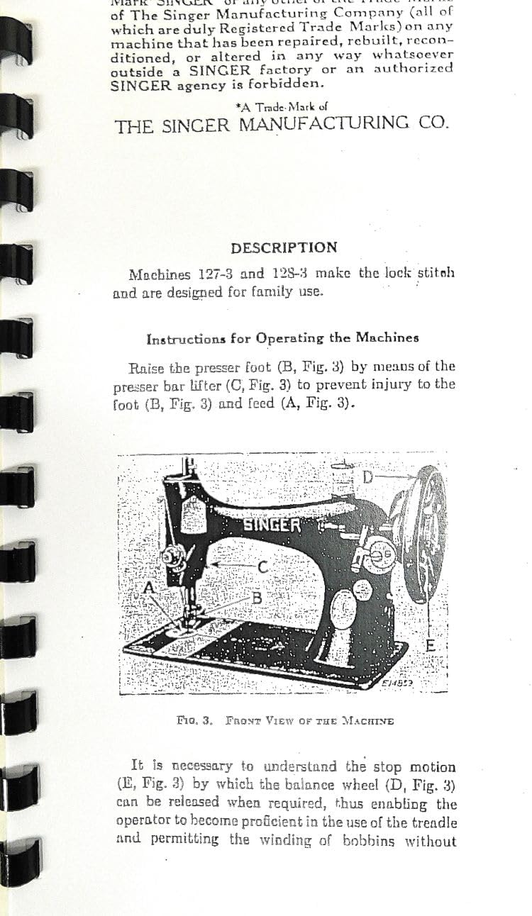 Front view diagram of a Singer sewing machine with parts labeled