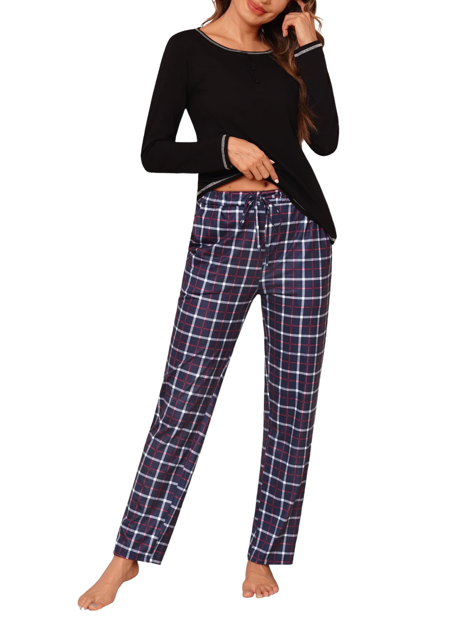 Litherday Pigiama Donna Invernale Cotone Pigiami da Donna Lungo Pigiami Due Pezzi da Donna Pigiama a Manica Lunga Pantaloni Lunghi con Tasche Morbido e Confortevole S-XXL