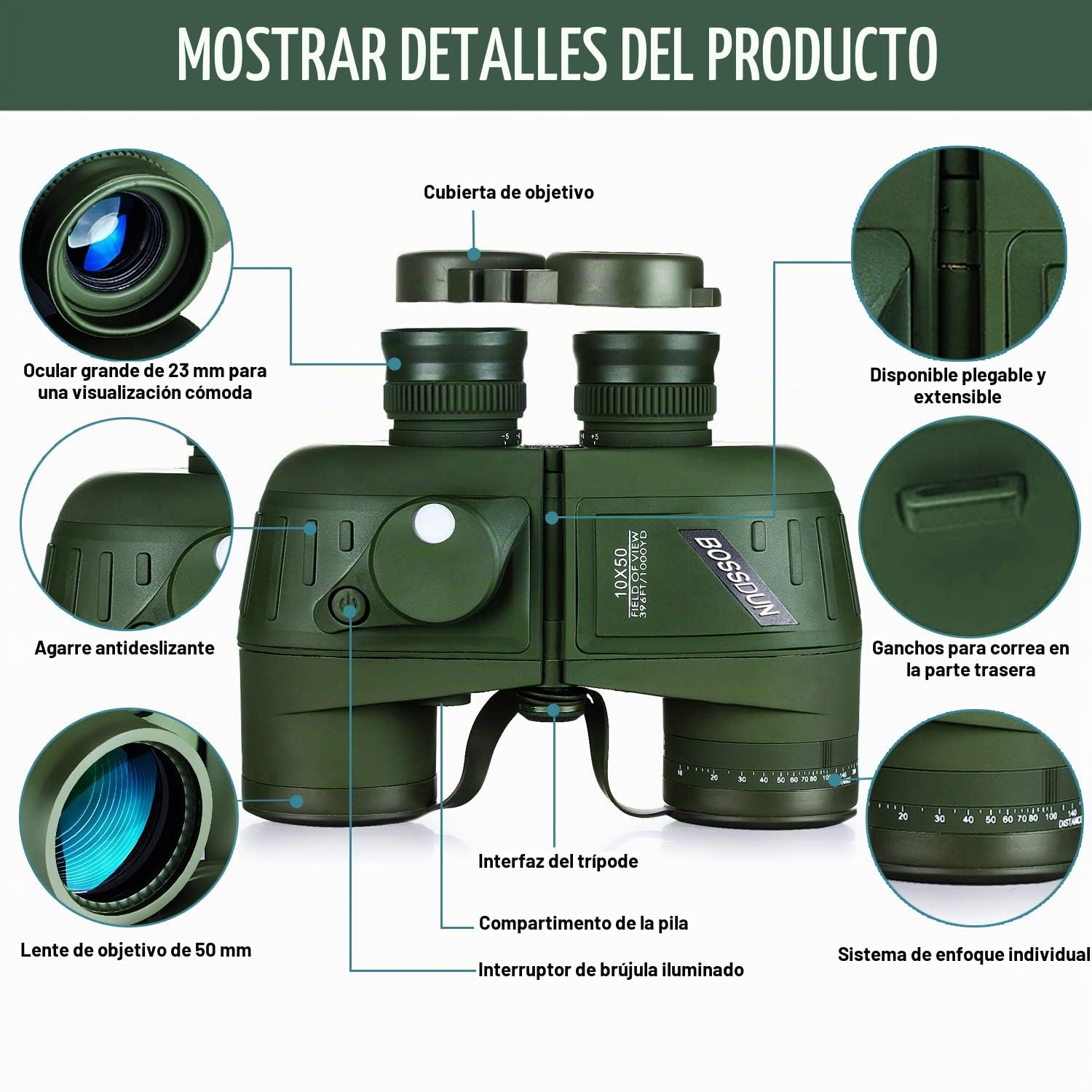 Binoculares Marinos Militares HD de 10x50 para Adultos, Brújula con Pantalla LCD HD y Presión de Aire, Navegación, Remo, Pesca, Caza, Observación de Aves (Green)