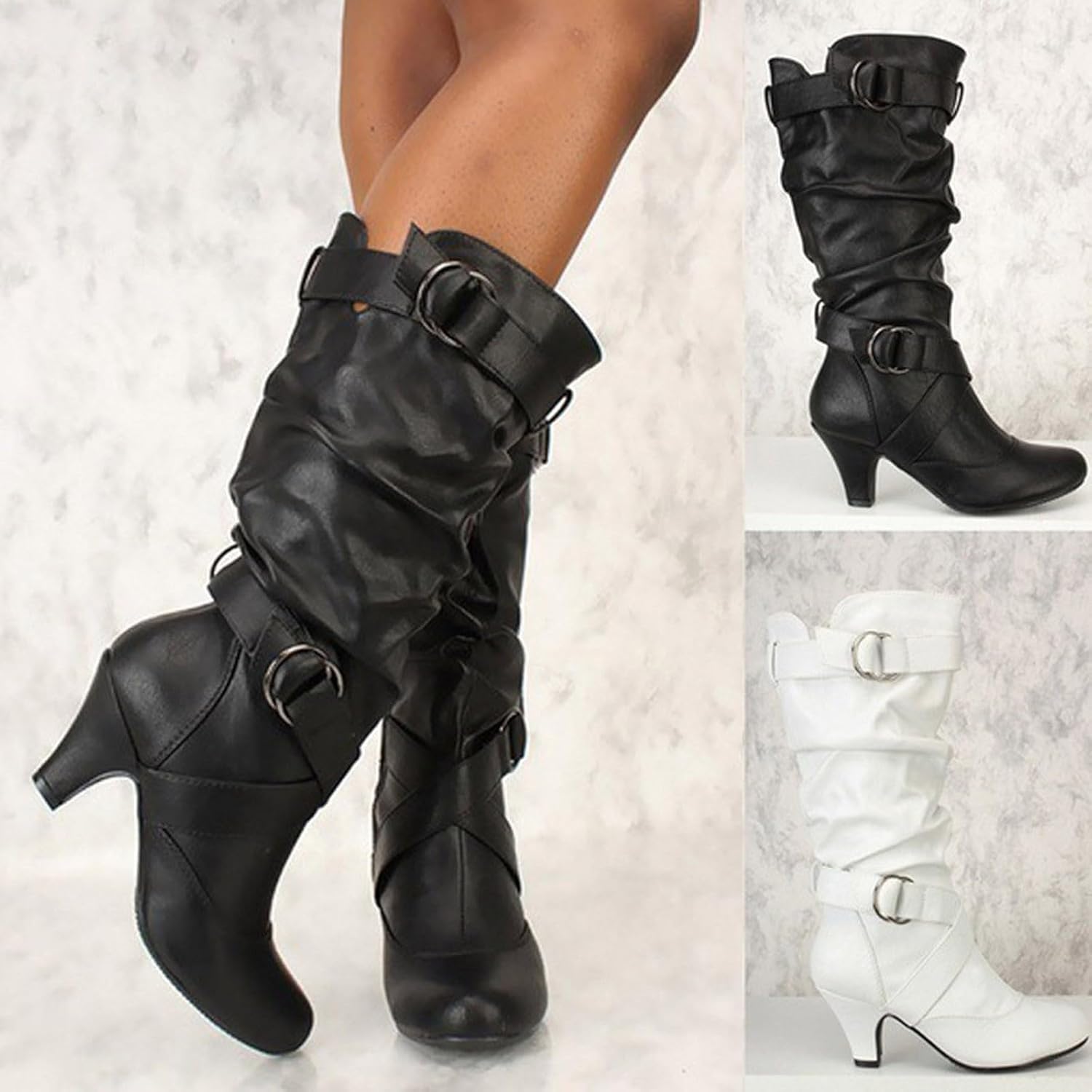 Women's Knee High Boots 2025 Wide Width Vintage Black Faux Leather Pull On Almond Toe Mid Kitten Heel Ruched Long Booties Side Zipper Buckle Belt Fall Winter Retro Fashion Casual Comfort Slouchy Boots