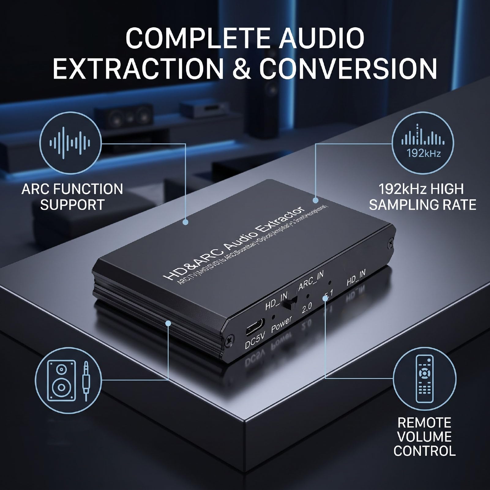 Sxhlseller Extractor de Audio 4K 60Hz HDMI ARC con óptico y 3,5 Mm para TV | Muestreo de 192 kHz, carcasa de aleación de aluminio, alimentación tipo C, control remoto de volumen del televisor, modo de