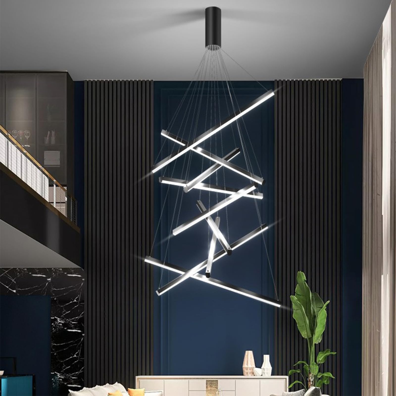 KXEcoLife Staircase Chandelier for High Ceilings Dimmable LED Long Pendant Boutique Decoration Black Entryway Foyer 120 * 300Cm