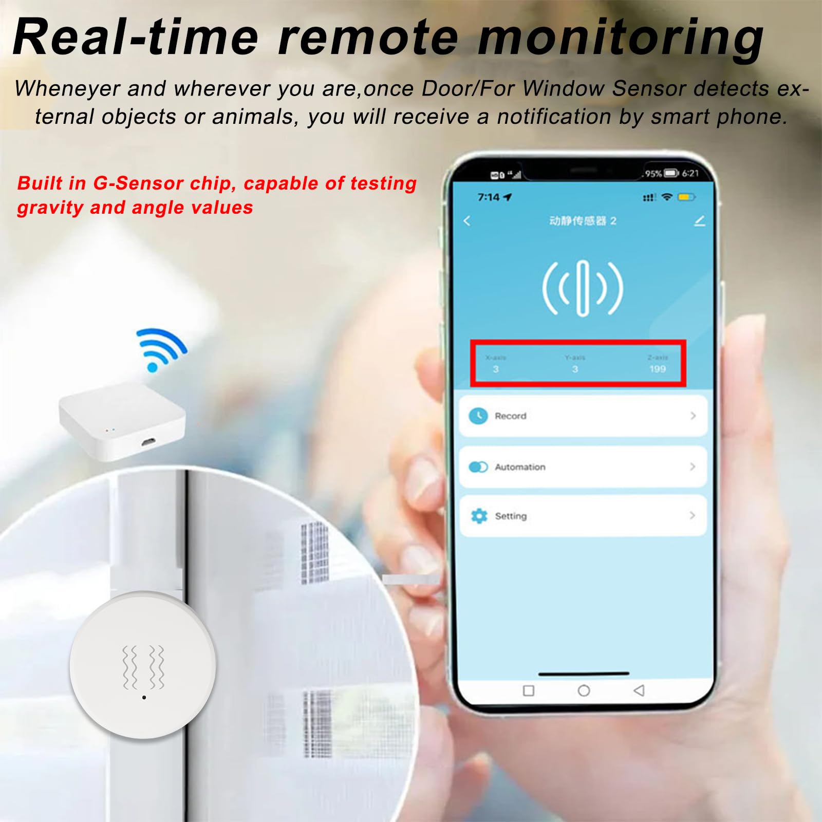 Capteur de vibrations, pour capteur de vibration intelligent Tuya Zig-bee - Capteur d'inclinaison - Alarme de surveillance en temps réel - Sensibilité réglable - 40 x 40 x 13 mm