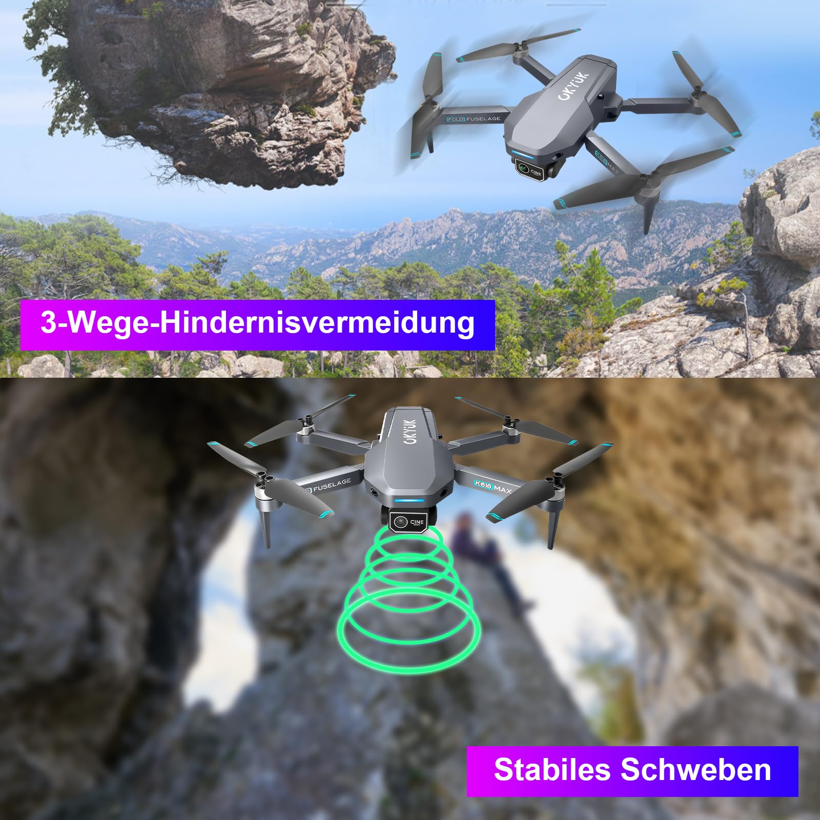 OKYUK K618 MAX Drohne mit Kamera 4K,270°Hindernisvermeidungs Drone Quadcopter mit FPV WiFi Übertragung, Einstellbare Linse, 3D Flip, Höhenhaltung, Spielzeug und Geschenke für Jungen Mädchen Anfänger