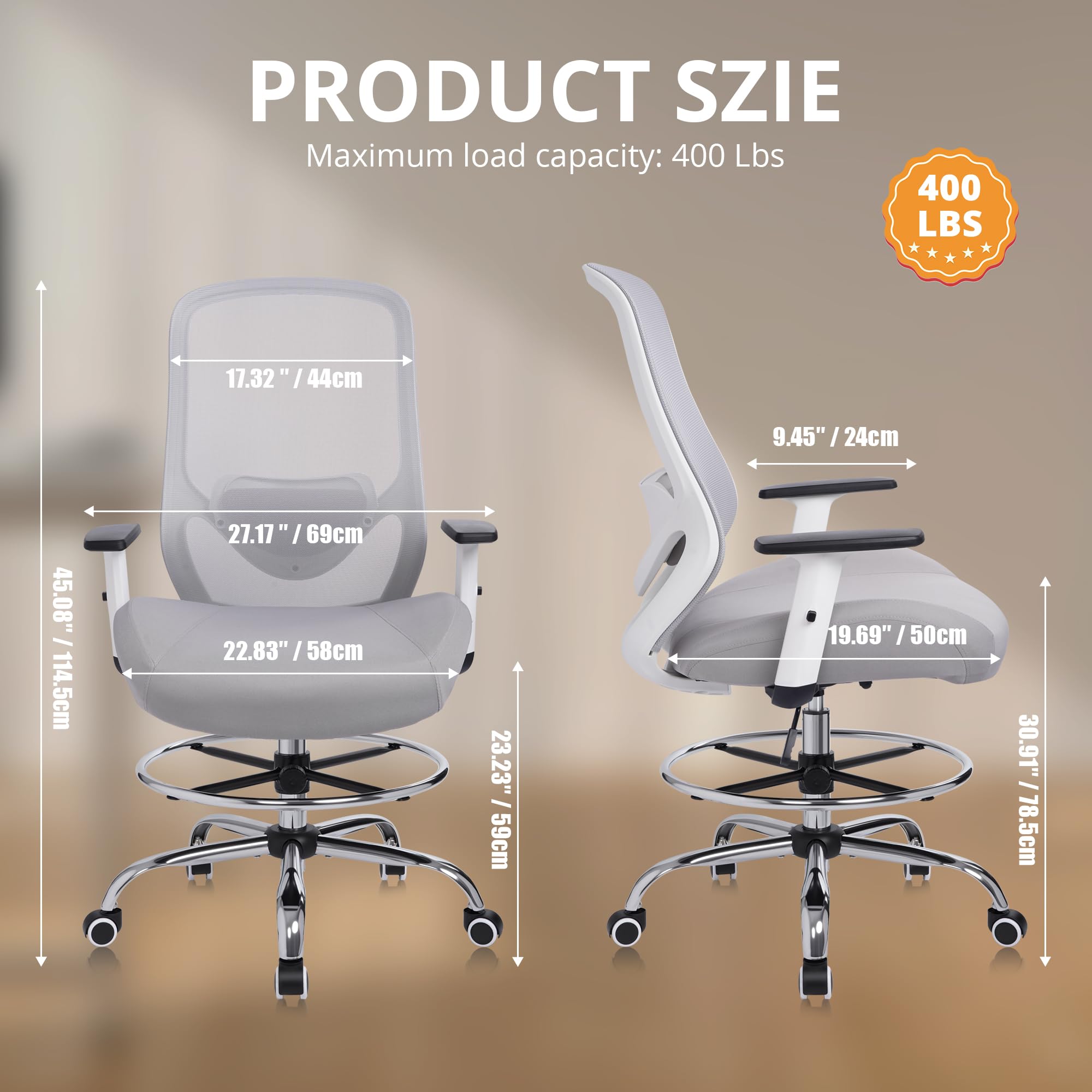 HYLONE 400lbs Drafting Chair,Adjustable High Back Computer Office Chair with Lumbar Support Standing Desk Chair Heavy Duty Big Tall Drafting Stool for Artists with Adjustable Footrest