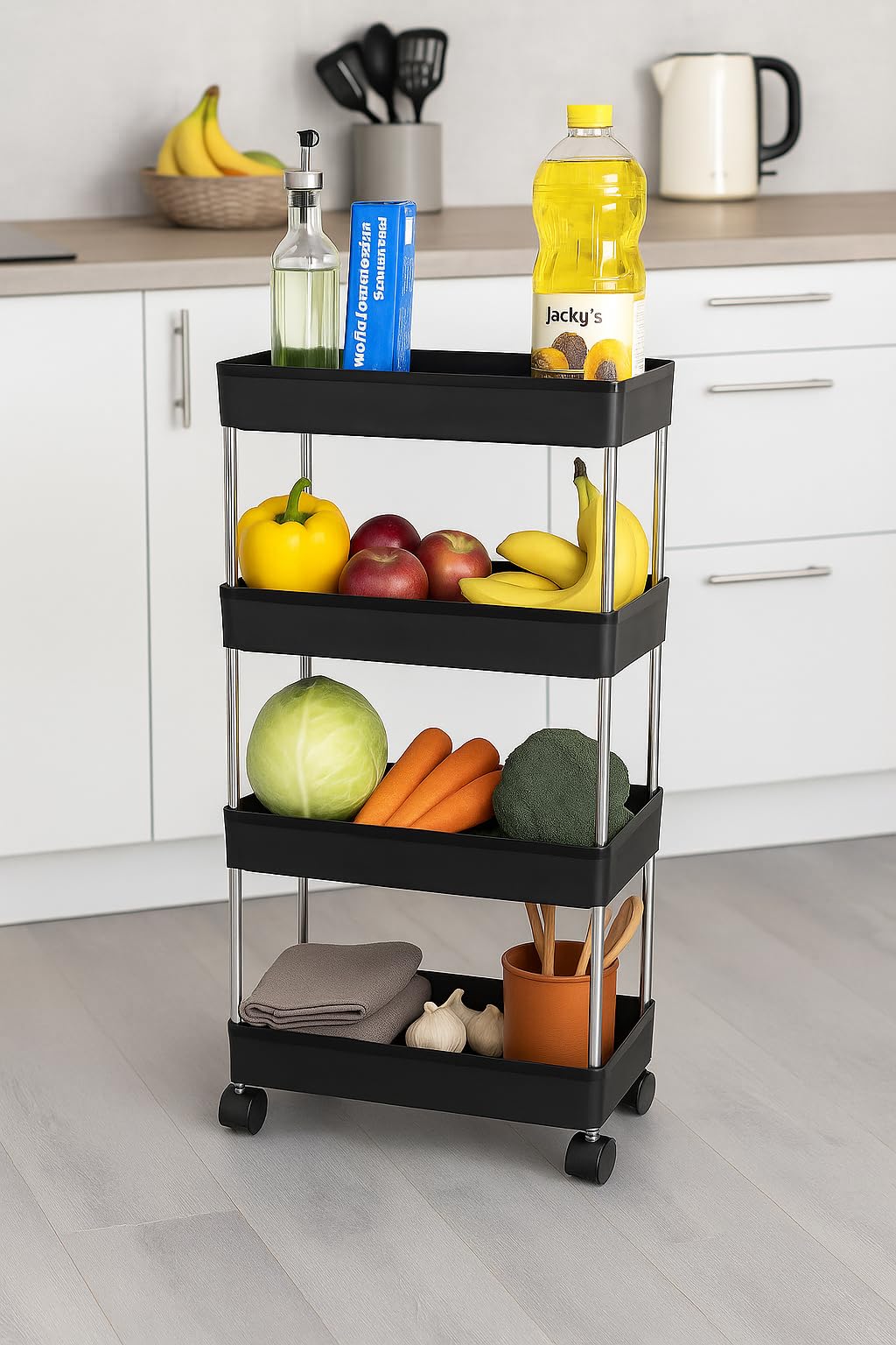 AEXONIZ TOYS Plastic Kitchen Storage Trolley Rack with Wheels, Rolling Utility Cart, Slide Out Storage Shelves Space Saving Home Storage Organizer Racks (Black, 4 Layer)