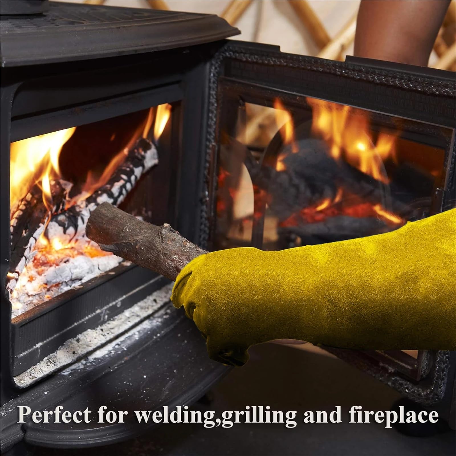 Compatible con guantes ignífugos de cuero, aislamiento térmico, anticorte, for soldar, estufa de leña, chimenea, barbacoa, hornear, Camping