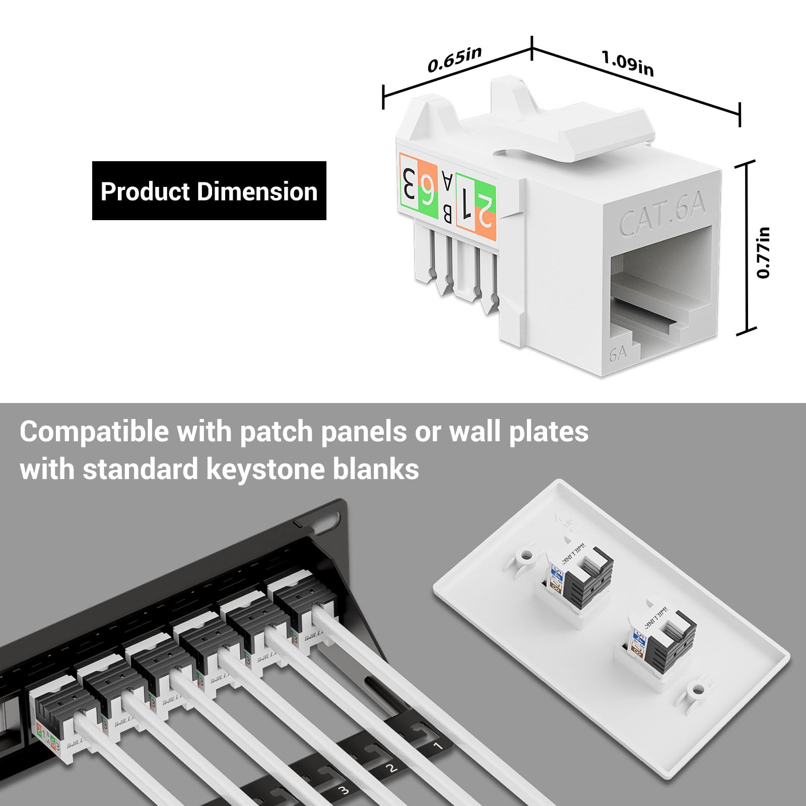 iwillink Lot de 25 prises Keystone 10 Gbit/s, prise RJ45 Keystone et support Keystone Punch-down, insert jack Ethernet modulaire UTP à 90 degrés, adaptateur Keystone Punch Down (blanc, catégorie 6A)
