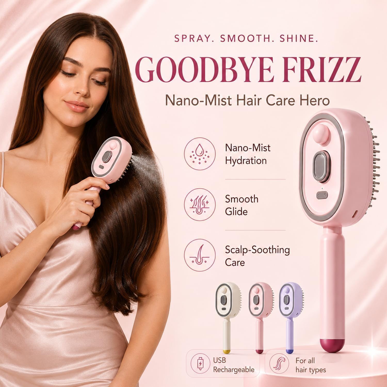 Cepillo Eléctrico de Masaje con Cojín de Aire y Spray, Cepillo de Vapor Antienredos Autolimpiante, Cepillos Pulverizador 3 en 1 para Cabello Liso, Rizado, Seco y Dañado (2pcs-C)