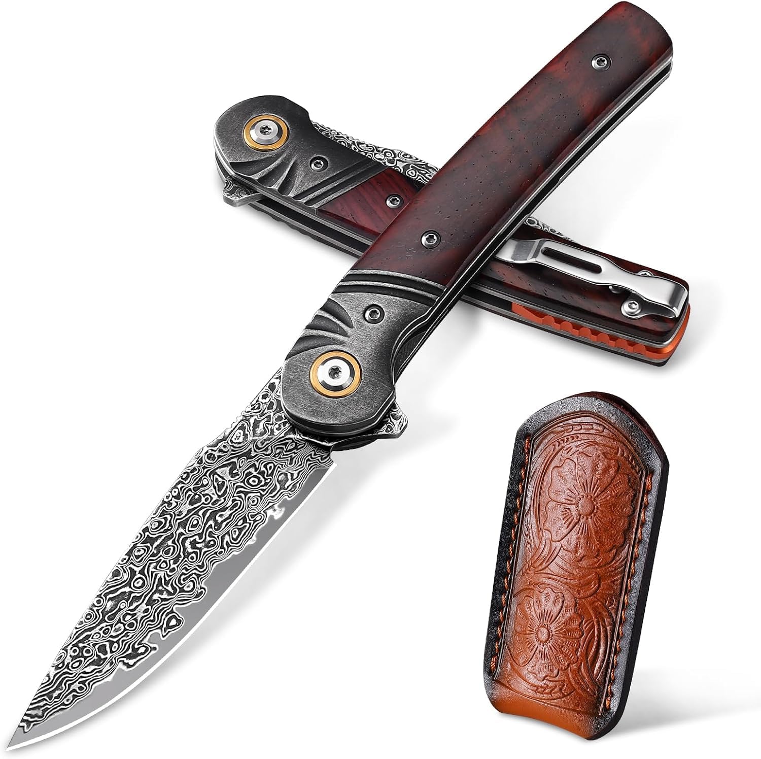 Omesio Cuchillo Plegable de Damasco 67 Capas con Núcleo VG10 – Navaja EDC de Bolsillo con Clip, Hoja Afilada y Funda de Cuero, Ideal para Camping, Outdoor y Uso Diario