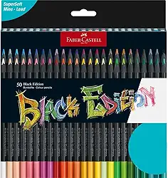 Faber-Castell Lápis de cor edição preta – 50 unidades, madeira preta e grafite supermacio, conjunto de lápis de cor para artistas, materiais de arte para adolescentes, adultos, iniciantes e crianças