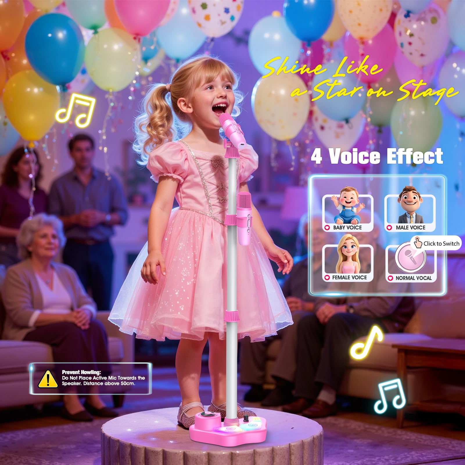 Macchina per karaoke con supporto regolabile per bambini, microfono ricaricabile da 3 a 8 anni, altoparlante Bluetooth portatile con 2 microfoni, regalo per feste di compleanno per bambine di età 3 4