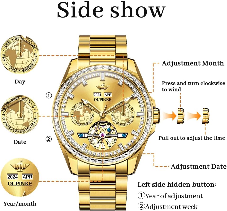 OUPINKE Mens Automatic Watches Diamond Skeleton Self Winding Luxury Dress Wrist Watch Sapphire Crystal Tungsten Steel