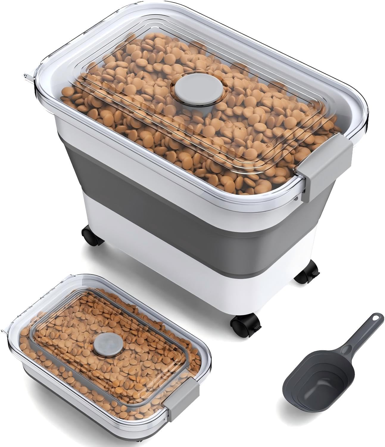 ZHUIYIWIN Pet Food Storage Container for Dogs/Cats, Airtight Folding Dog Food Bin with Wheels,Handle, Cat Food Container with Lid and Measuring Cup Scoop (Grey-L)