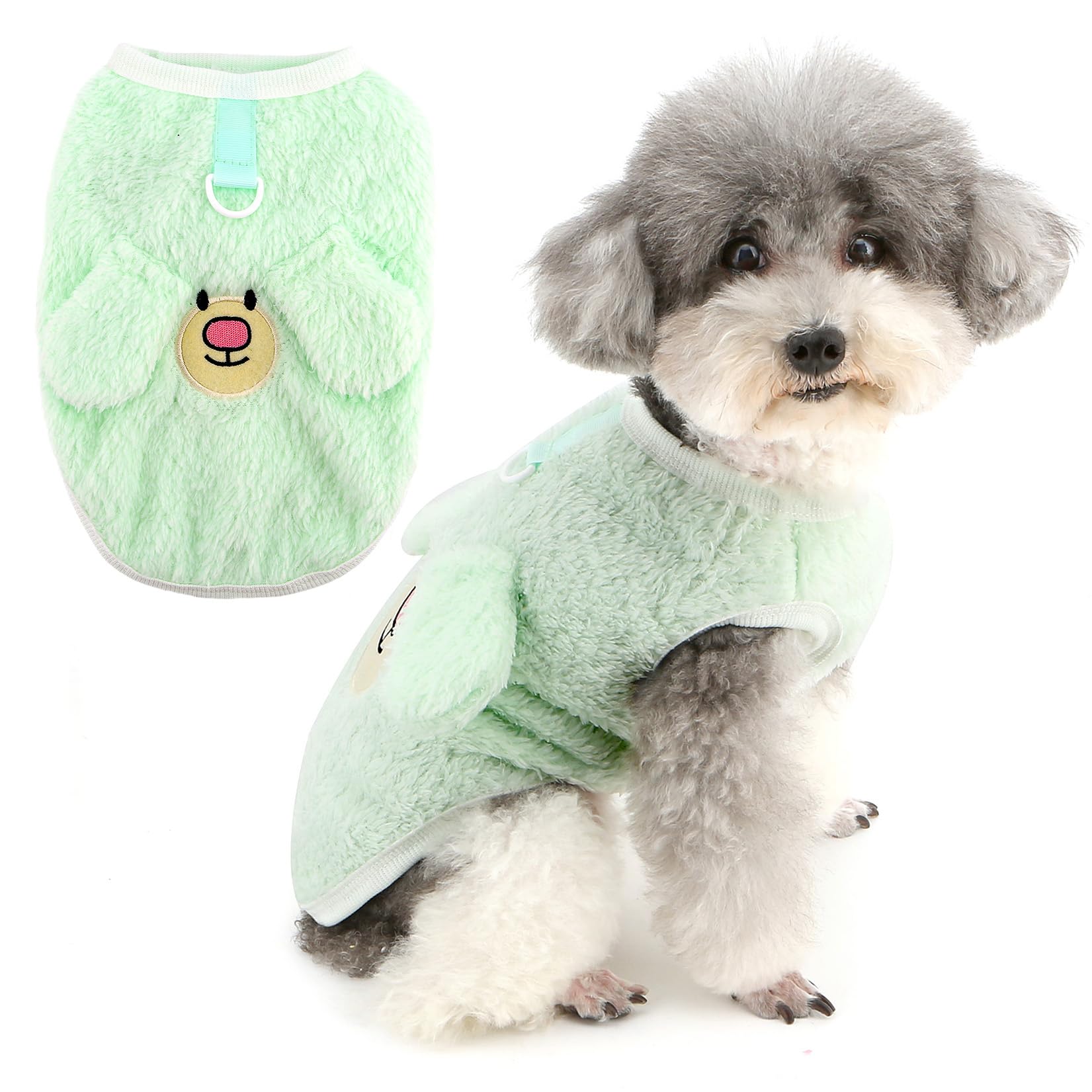Zunea Cute Cartoon Small Dog Vest Jumper with Leash Ring Winter Warm Fleece Puppy Jacket Clothes Soft Pullover Sweater Coat Cold Weather Chihuahua Yorkie Clothes Pet Apparel Green XS