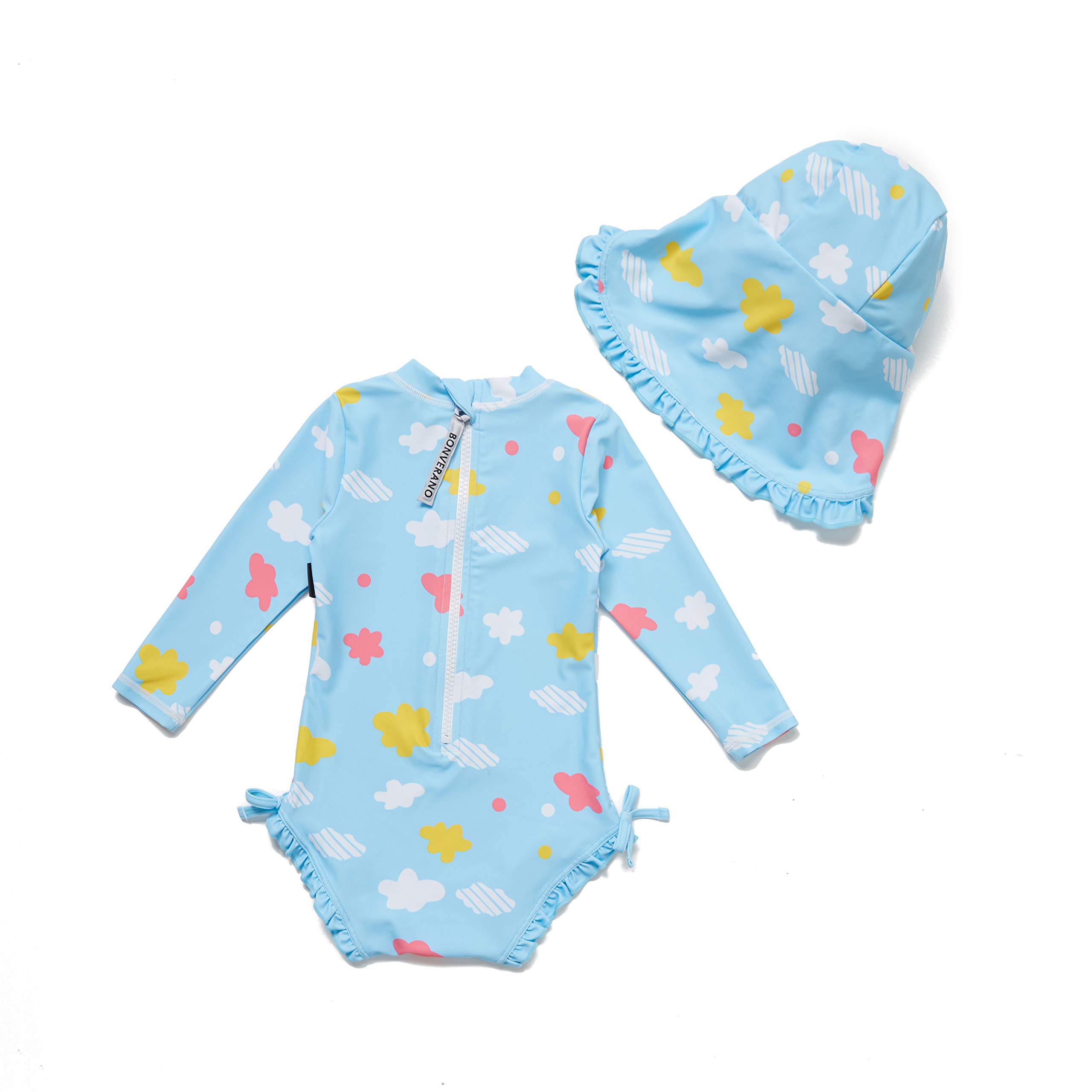 ADAVERANO Baby Girls One-Piece Swimsuits Ruffle UPF 50+ Sun Protection L/S Infant/Toddler Rash Guard with Sun Cap. (The White Clouds, 24-36Months)