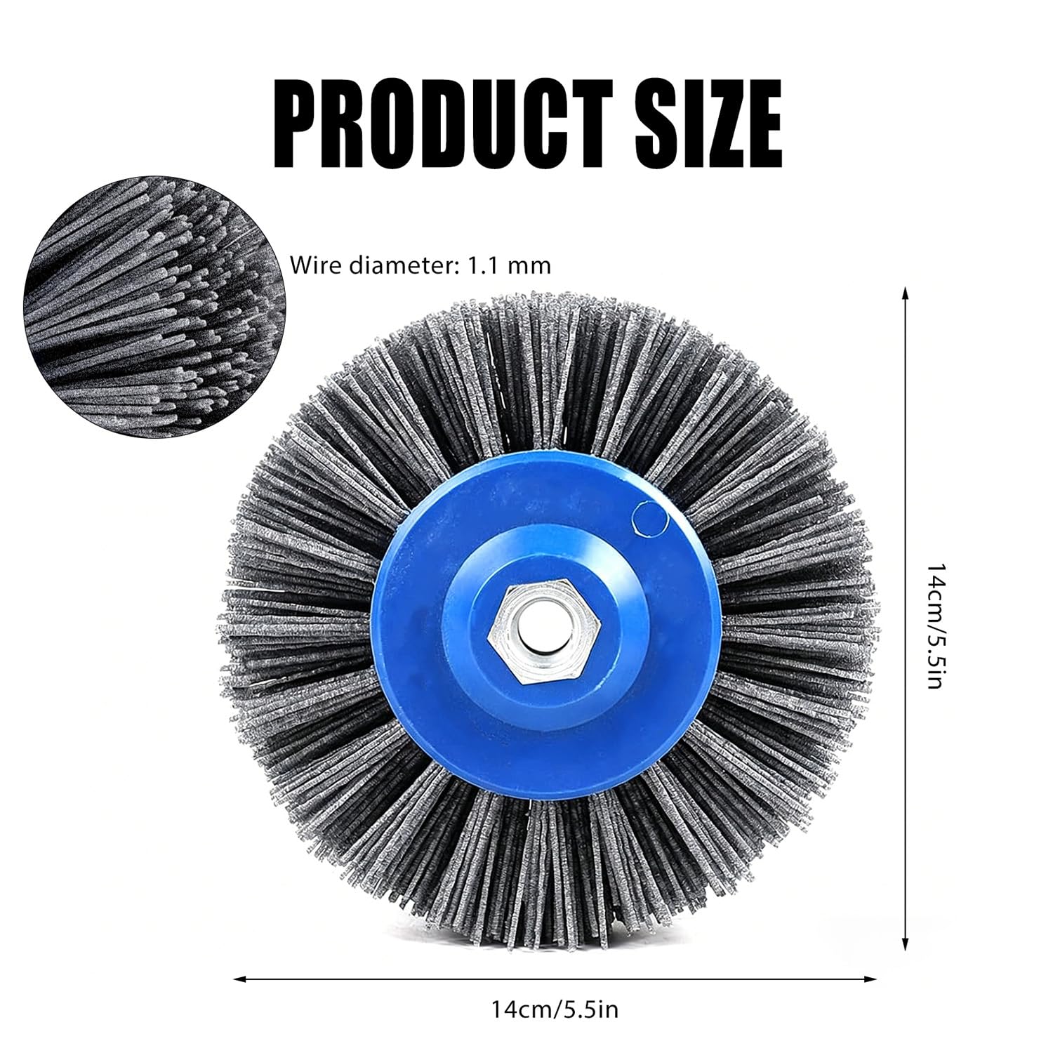 Brosse en nylon M14 grain #120 pour meuleuse d'angle - Brosse satinée Ø 140 mm avec épaisseur de fil de 1,1 mm - Idéal pour l'acier inoxydable, l'aluminium et le cuivre - Structure, matification et
