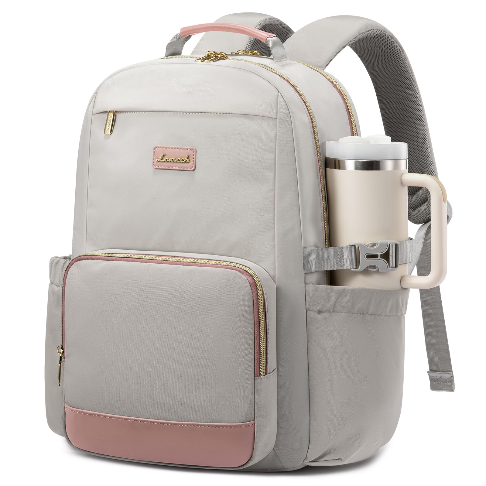 LOVEVOOK Laptop Backpack for Women with Pouch Pocket for Large Capacity Cup,15.6 Inch Laptop Computer Bag Travel Backpack Purse,Waterproof Work Business Backpack College Teacher Bags,Gray-Pink