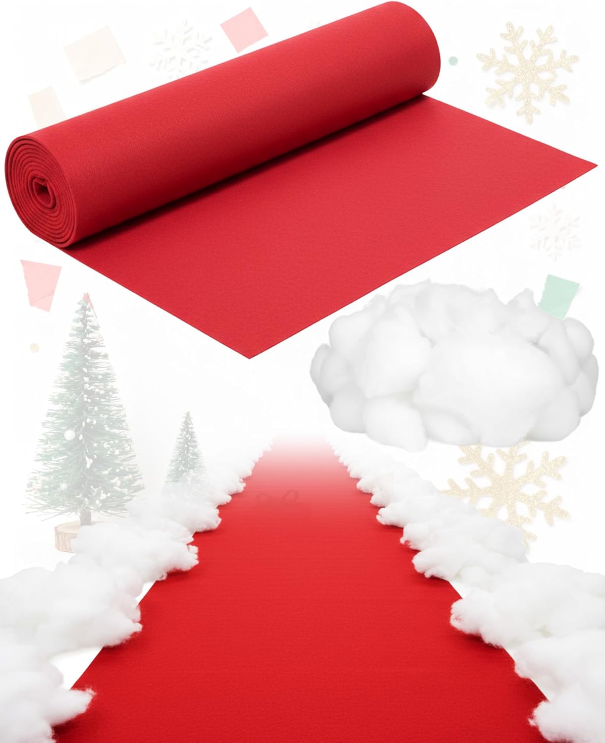 Boao 3 x 65 ft White Carpet Runner for Party, 17.6 Ounce/500g Fake Clouds Snow Decoration, Runner Rug and Fluffy Artificial Cotton Fiber for Winter Wedding Ceremony Valentine's Day Decoration(Red)