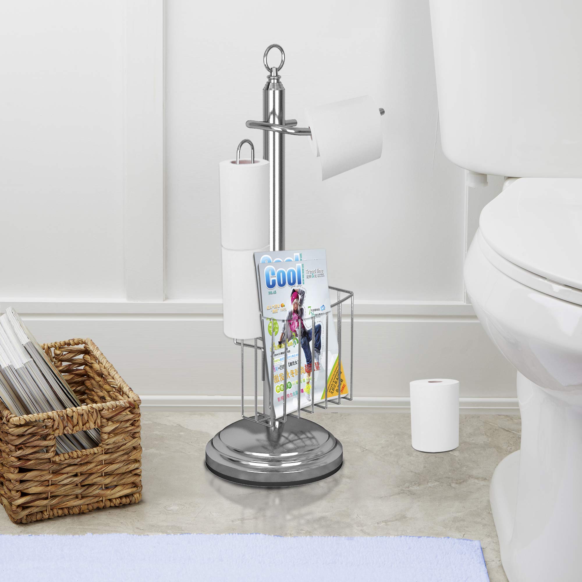 nu steel TGC15H Free Holder Stand Newspaper and Magazine Rack for Bathroom, Toilet Tissue Paper Roll Storage, Chrome Finish