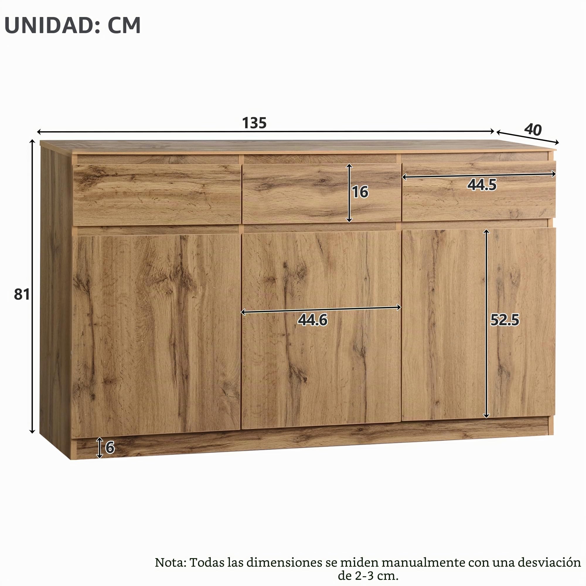 Mueble multifuncional, 135 x 40 x 81 cm, mueble decorativo de madera original, con 3 puertas y 3 cajones, aparador de cocina, cajonera, mueble recibidor