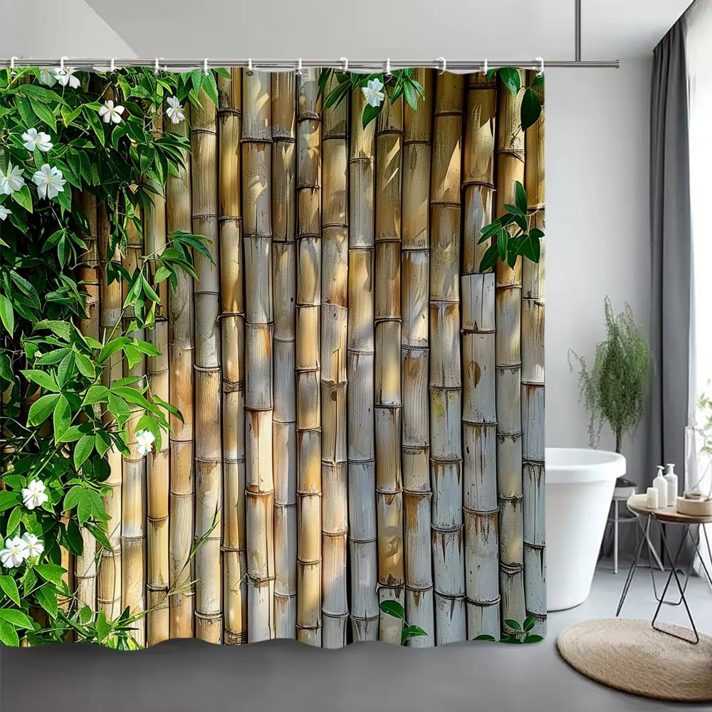 Rideau de douche en bambou vert botanique pour petite baignoire