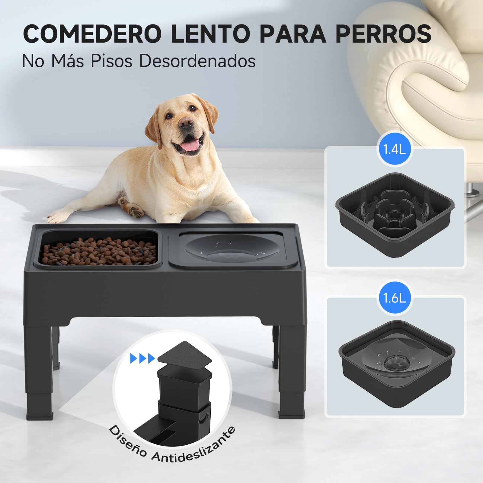 ELS PET Ciotole Acqua rialzate per Cani, Regolabile in Altezza, Antigoccia, con Mangiatoia Lenta, Senza Perdite