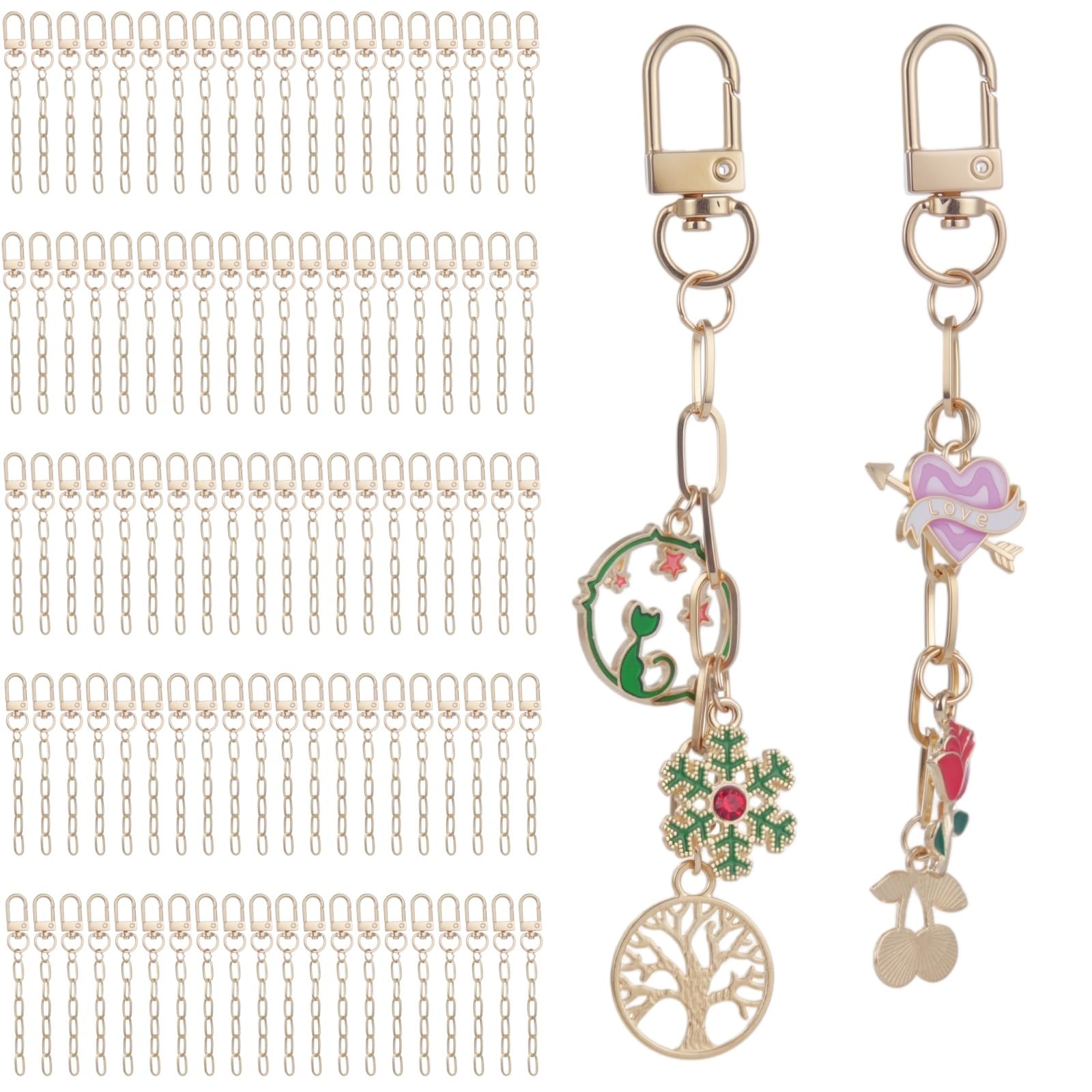 100 Set Schlüsselanhänger Bastelset, goldene Schlüsselanhänger Clips und Haken, Metall Dreh-Schnapphaken mit Schlüsselringen und Kette, DIY Bastelzubehör für Schlüsselanhänger, Schmuck und Taschen