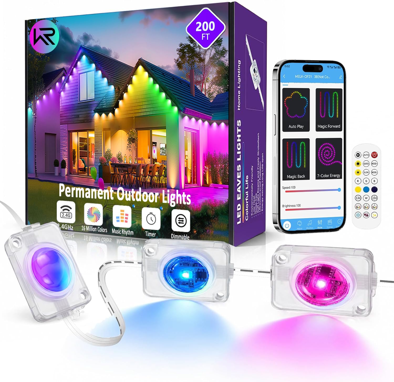 Photo 1 of Permanent Outdoor Lights for House,200ft RGB+IC Lights with 16 Million Colors & 50 Scene Modes, App/Remote Control, IP67 Waterproof, DIY Music Sync, for Christmas, Holiday & Party Decor