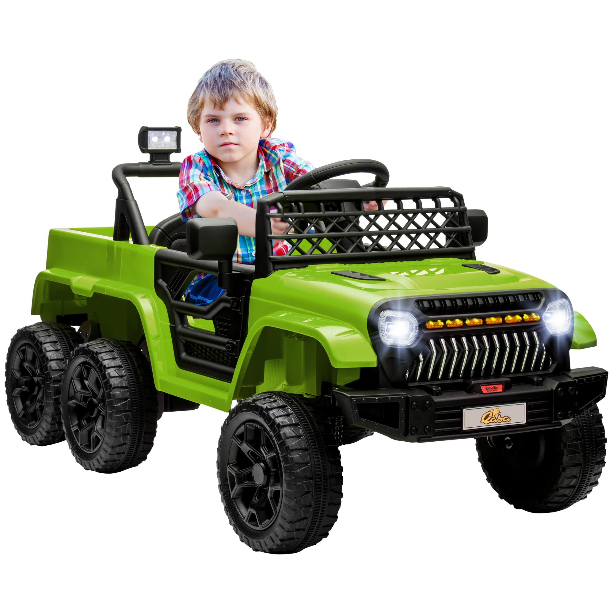 Qaba 12V 4x4 Kids Ride on Truck with Back Trailer, 2WD/4WD Switchable Kids Electric Car with Parent Remote Control, Spring Suspension System, Soft Start, Music, LED Light, Horn, Green