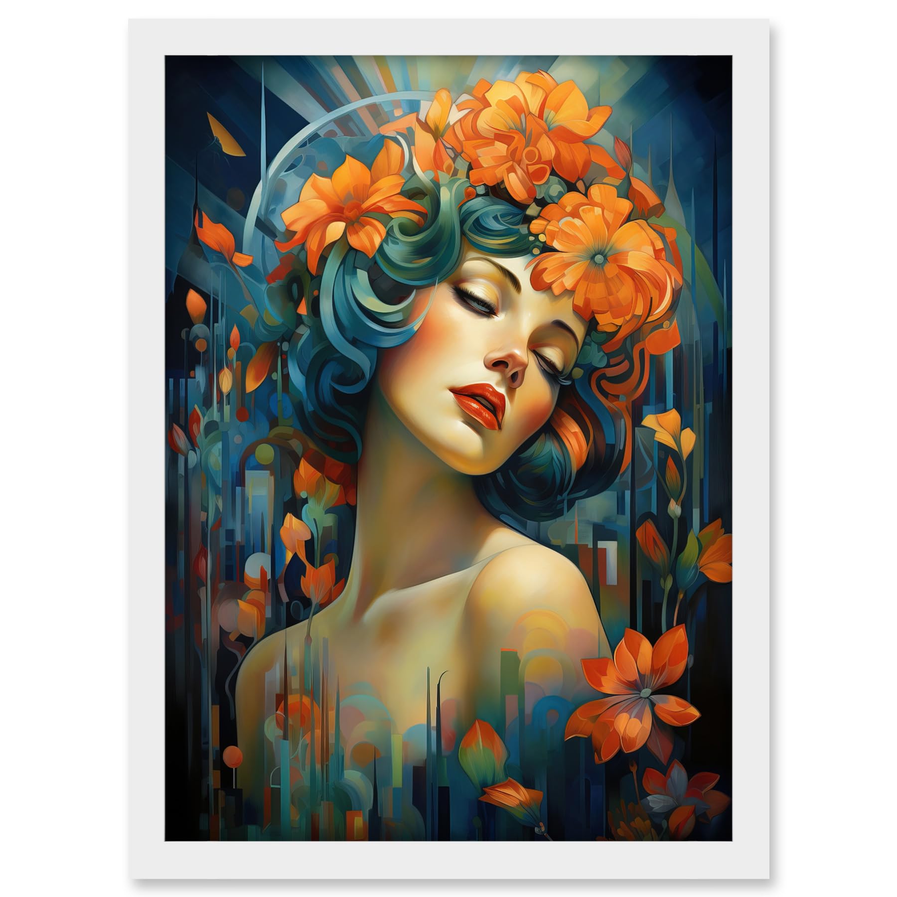 Artery8 Woman Portrait with Flowers Modern Art Deco Vibrant Artwork Orange Blue Floral Headband Artwork Framed A3 Wall Art Print