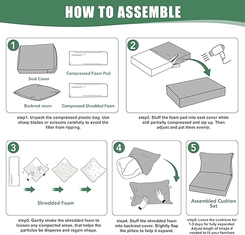 Miniatura 7 de Cojines para sillas de exterior para muebles de patio con funda desmontable impermeable, repuesto de cojín de sofá de asiento profundo y almohada de