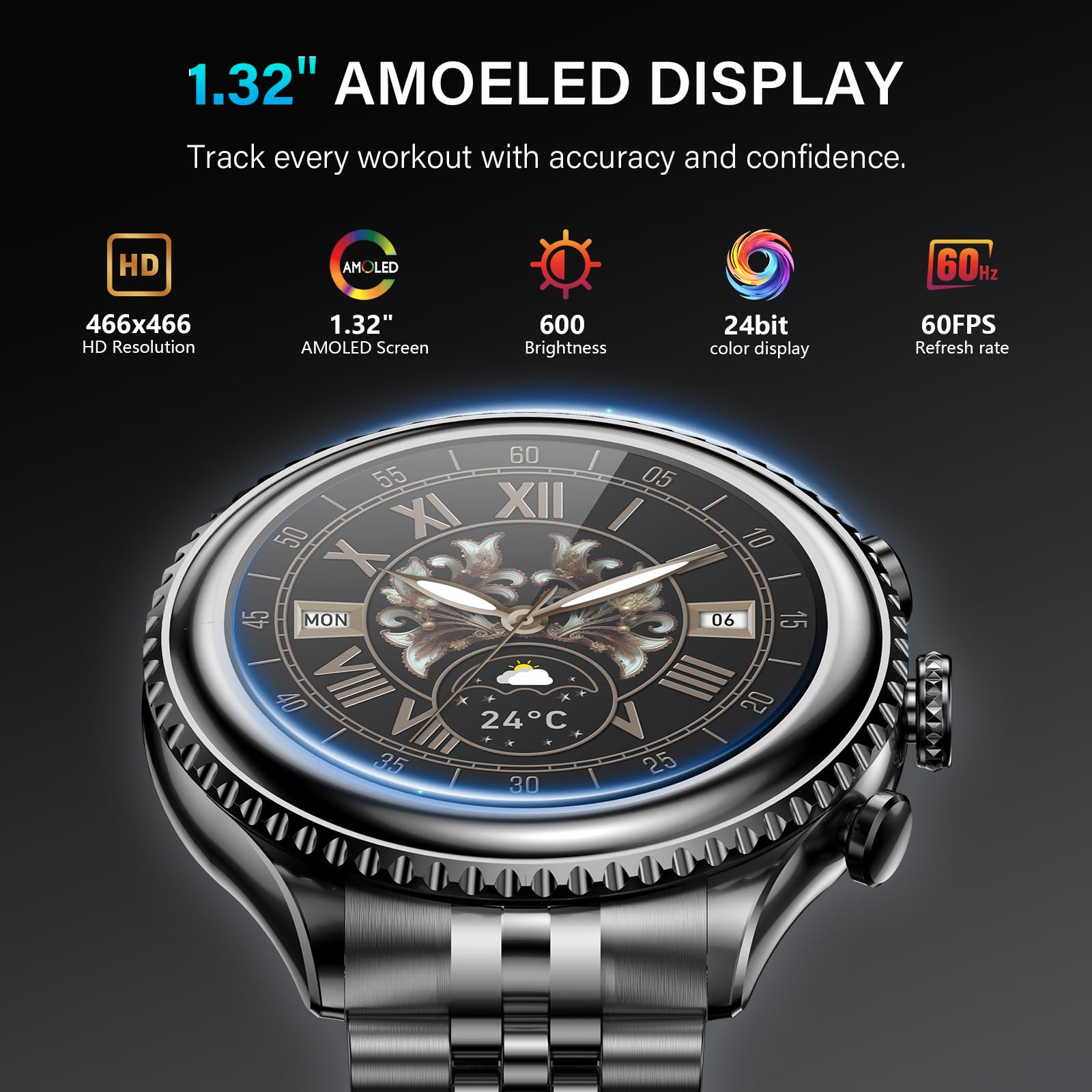 2025 Rotating Bezel Smart Watch for Men with Bluetooth Call, Heart Rate, Blood Pressure, SpO2, Sleep Monitor, Waterproof Round Watch with Encoder Knob, 1.32" AMOLED Display, Compatible Android and iOS