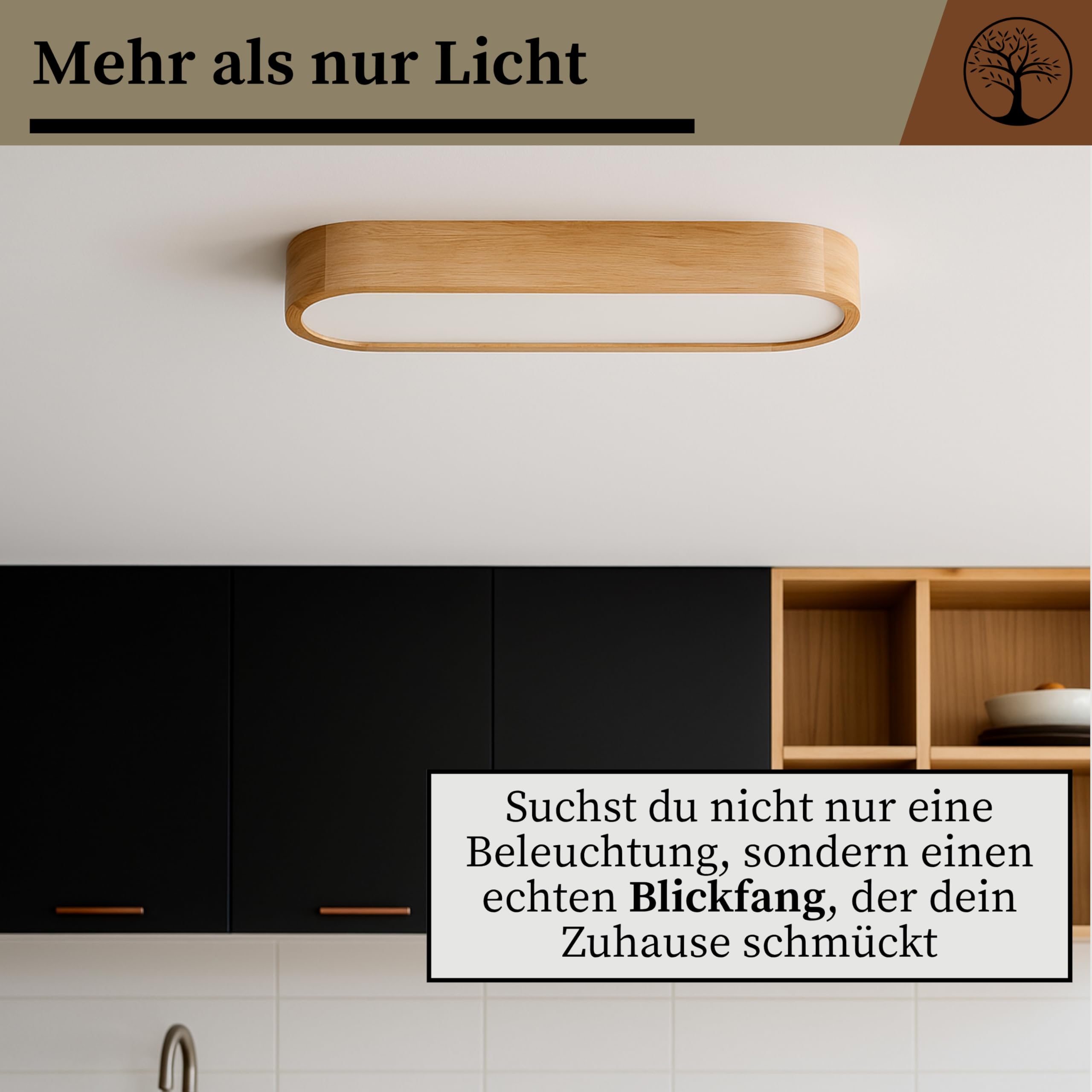 Deckenlampe - Oval Holz Deckenleuchte Eiche 3xE27 (68x20 cm) - Modern Beige Lampe für Schlafzimmer, Wohnzimmer, Flur, Küche - Stilvolle Eichenholz LEJA