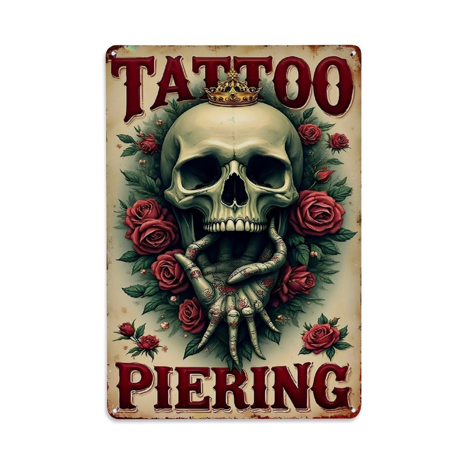 Jdfenggu Vintage Skull Roses Crown Hands Tattoo Retro Metal Tin Sign, Decor Art Poster For Bar, Home, Man Cave, Kitchen, Laundry Room Gift 8X12inch