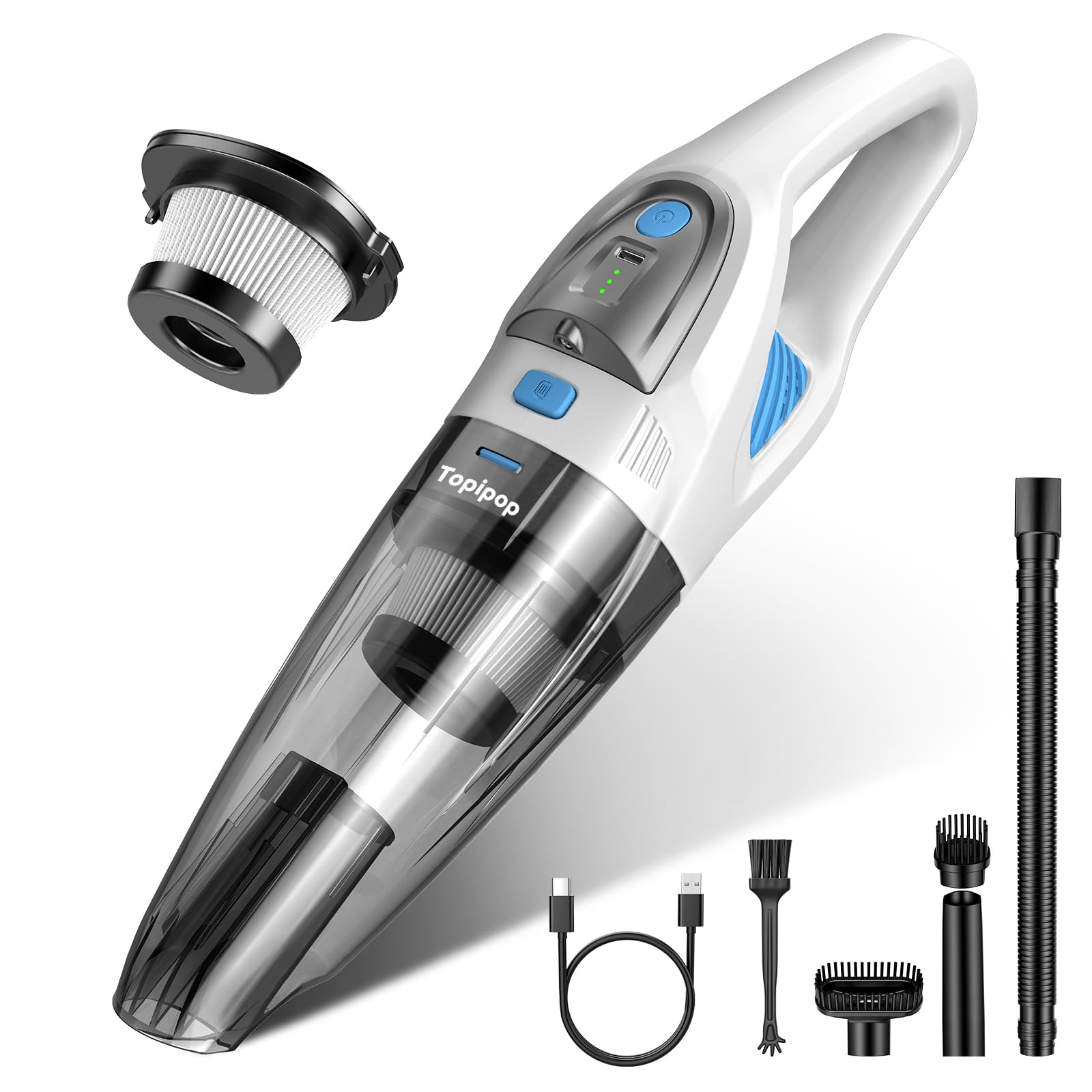 Topipop Handstaubsauger, 25000Pa Handstaubsauger Akku mit Ladestation, waschbarem HEPA Filter & 45 Min. Nutzungsdauer, inkl. LED Licht, Handsauger mit 3 Köpfe für Küche, Büro, Auto, Tierhaare (Weiß)
