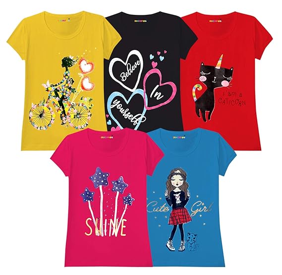 Kuchipoo Girls Cotton T-Shirt - Combo of 5, Multicolored