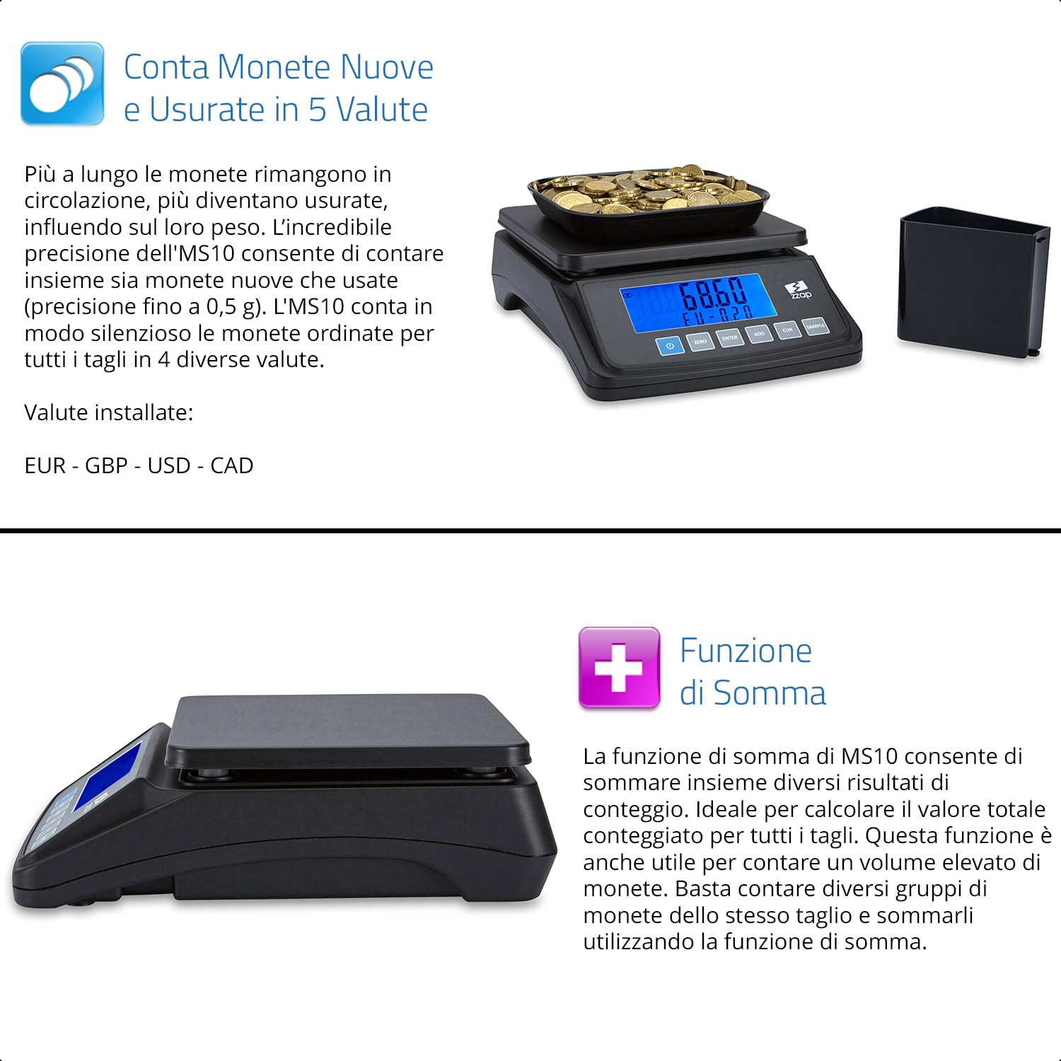 ZZap MS10 Bilancia contamonete - Conta 5 valute e altri articoli, conta 3 kg di monete, display retroilluminato, alimentato a batteria e molto altro!