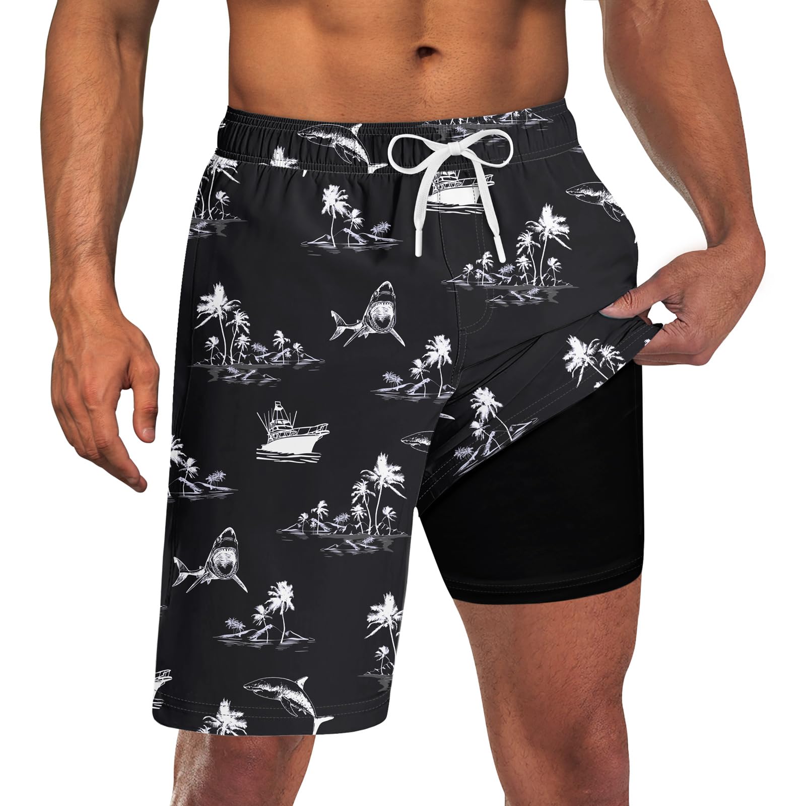 Goodstoworld Men's Funny Swim Trunks with Compression Liner 2 in 1 Quick-Dry 9" Stretch Shorts with Three Pockets