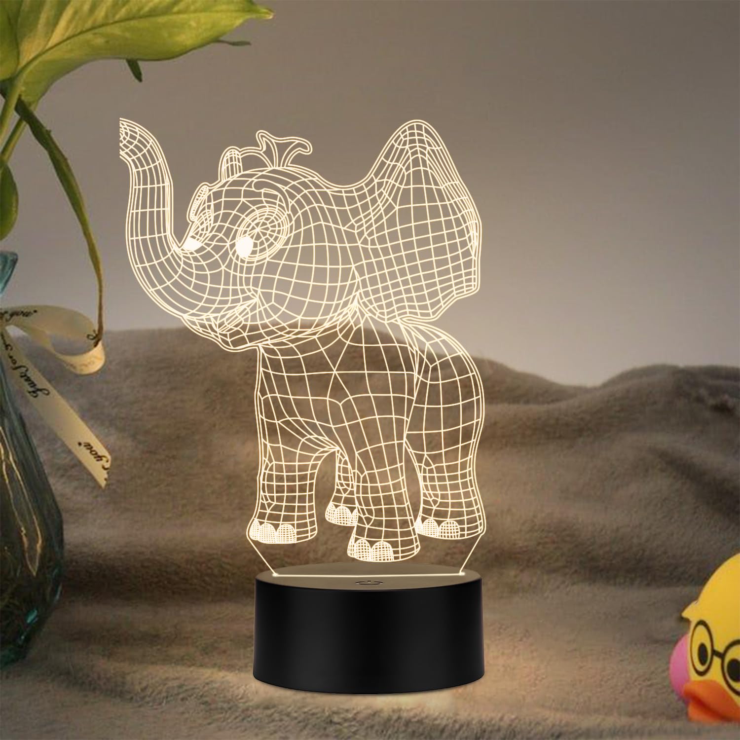 3D Illusion Elephant Night Lamp with Warm White Light & On/Off Touch Button | USB Powered | Kids Room Decor Light | Home & Living Room Decoration Lamp