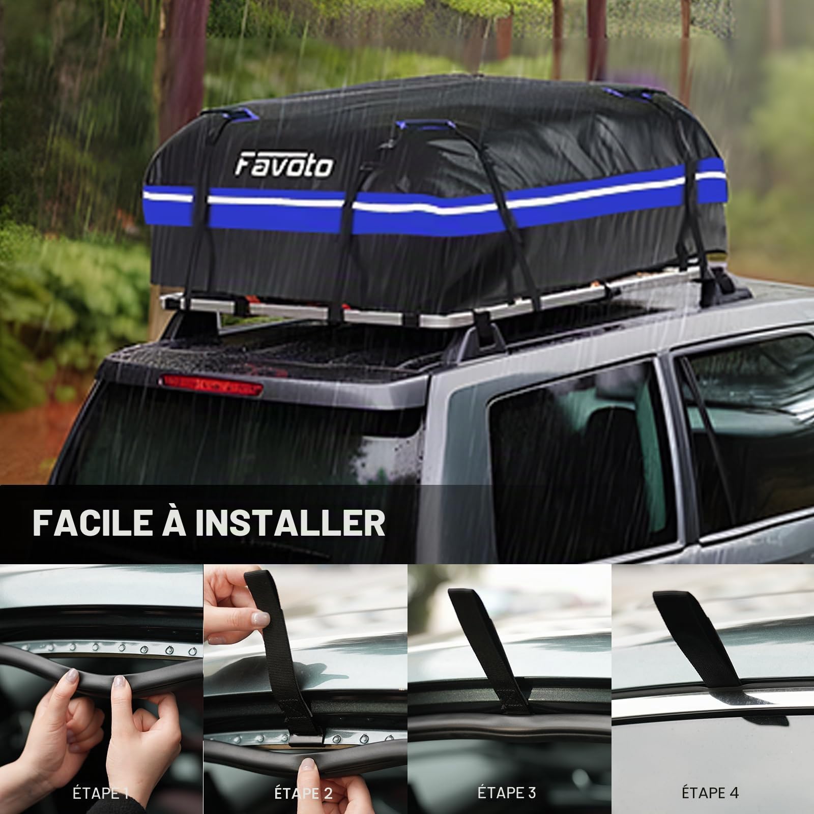 Favoto Coffre de Toit Voiture Imperméable - Sac de Toit Porte-Bagages 425L Pliable avec Tapis Antidérapant Crochet de Porte et Sangles de Renfort pour Le Transport des Bagages Bleu