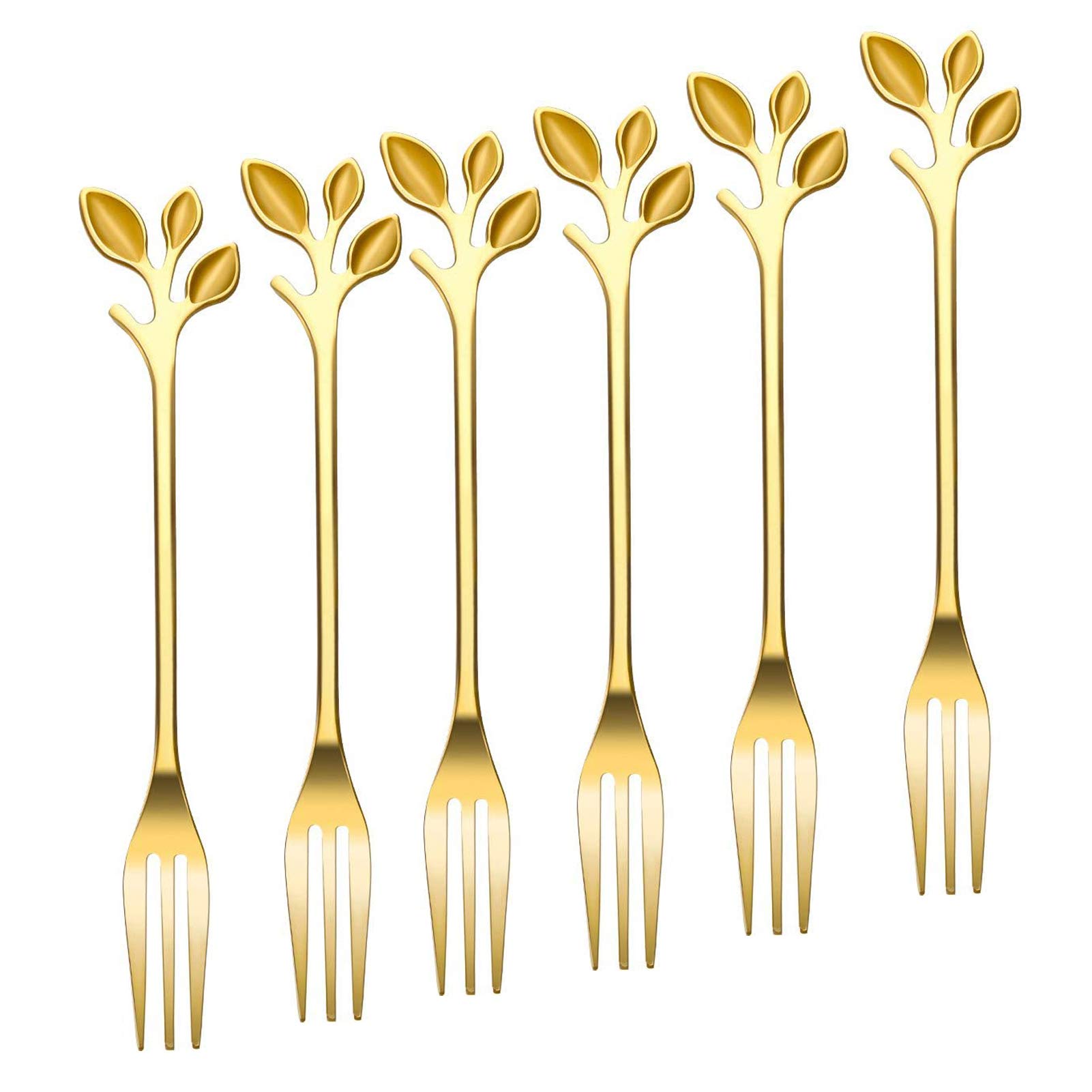 Appetizer Cake Fruit Forks Set of 6,Gold Leaf Cocktail Picks 4.7 Inches Tasting Dessert Forks Food Grade Stainless Steel, Mirror Finish Kitchen Accessory Wedding Party (6 Forks-Gold)