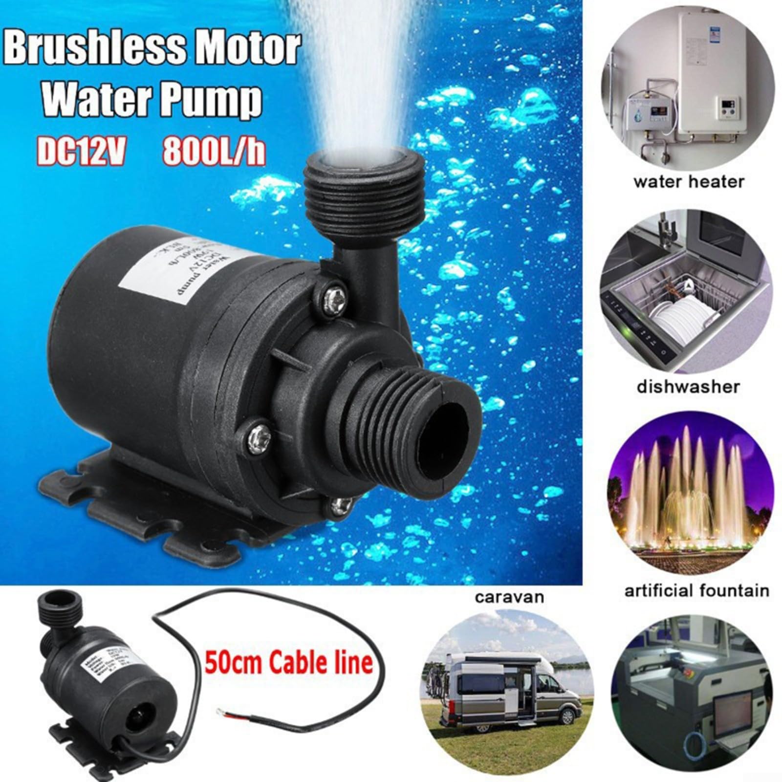50W 800L/h Pannello Solare Pompa Acqua Set, Pompa Solare A Basso Rumore Cascata Fontana Pond Pump Kit Tool, Fai da Te Pompa Solare Stagno per Giardino, Bagno Uccelli, Acquario