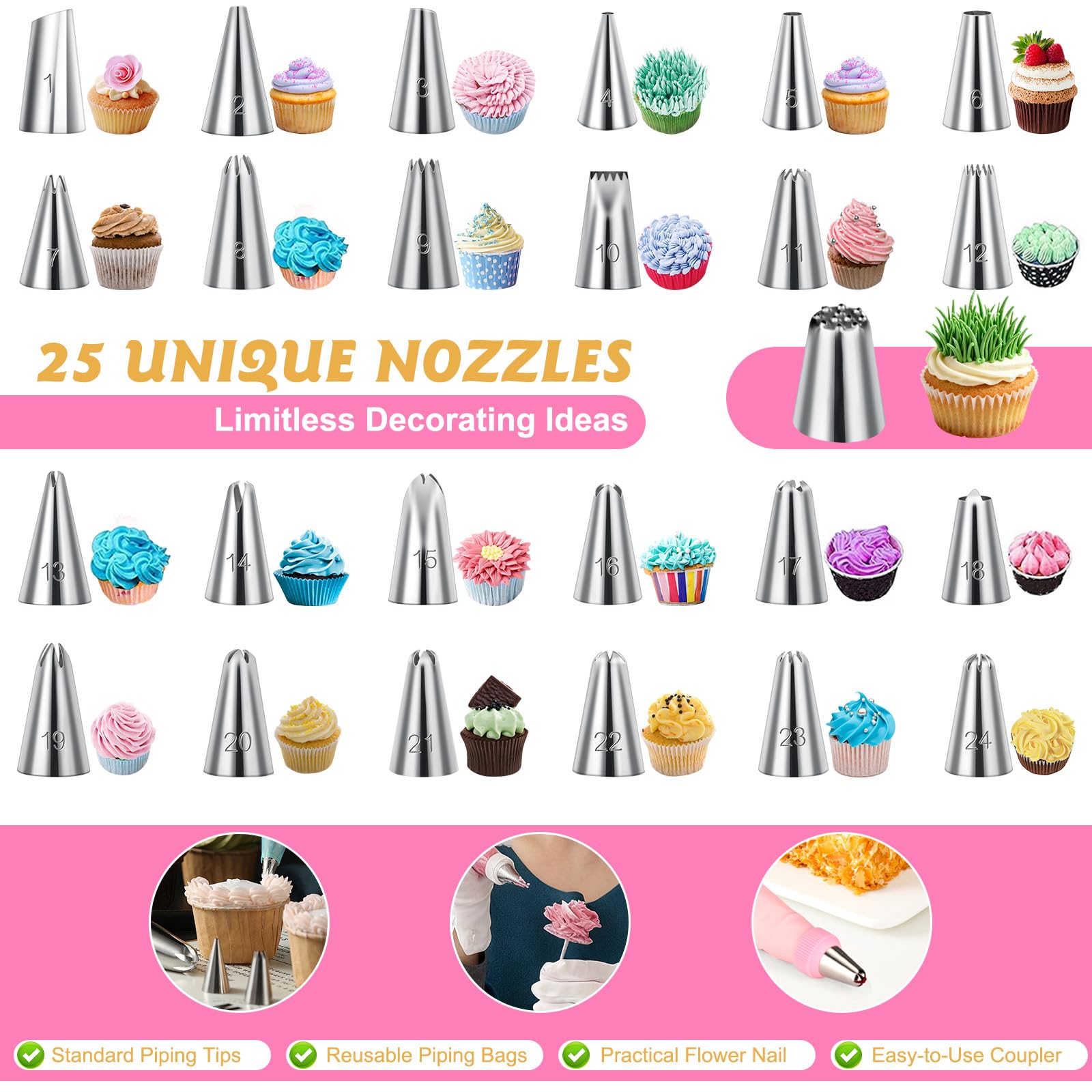 Cozary Profesjonalne dysze 34 szt., 25 dysz ze stali nierdzewnej i 2 woreczki wielokrotnego użytku, zestaw do dekorowania ciast, zestaw narzędzi do pieczenia i pieczenia